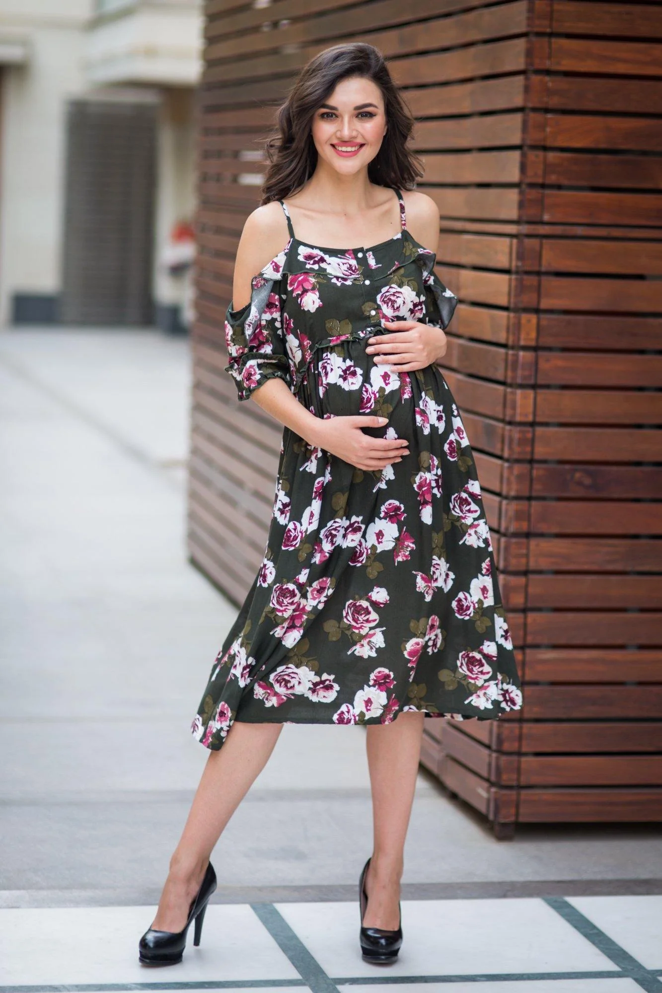 Olive Floral Front Zip Maternity & Nursing Maxi - Chenance
