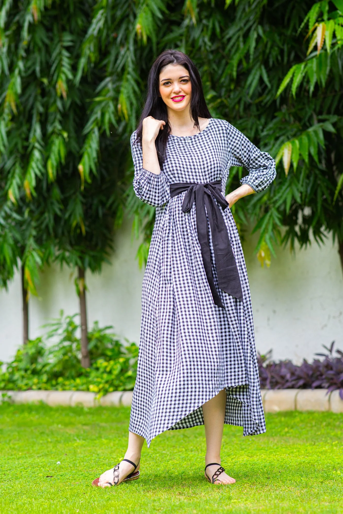 Plaid Dual Bow High-Low Maternity & Nursing Dress - Chenance