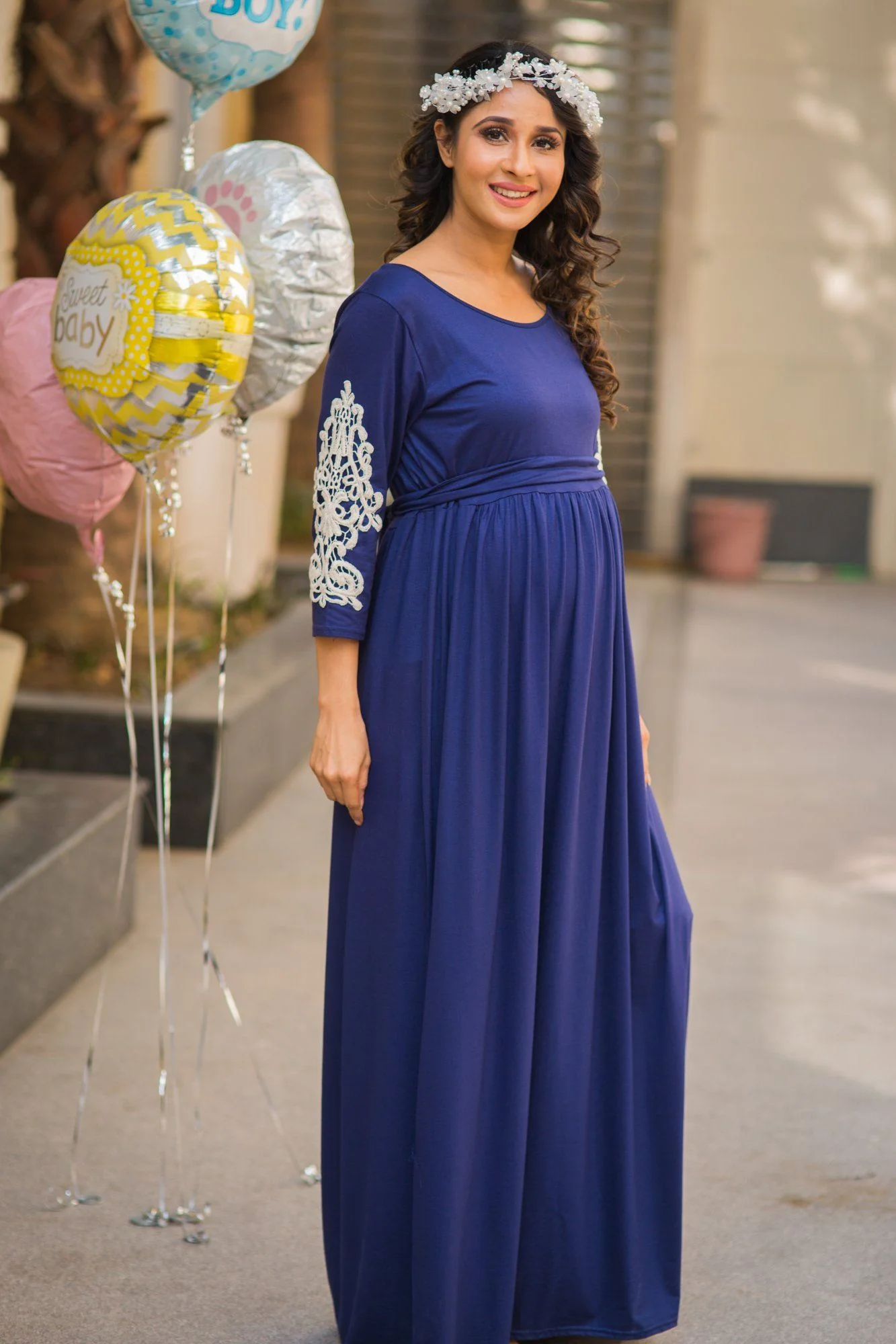 Royal Midnight Blue Lycra Crochet Maternity Dress - Chenance