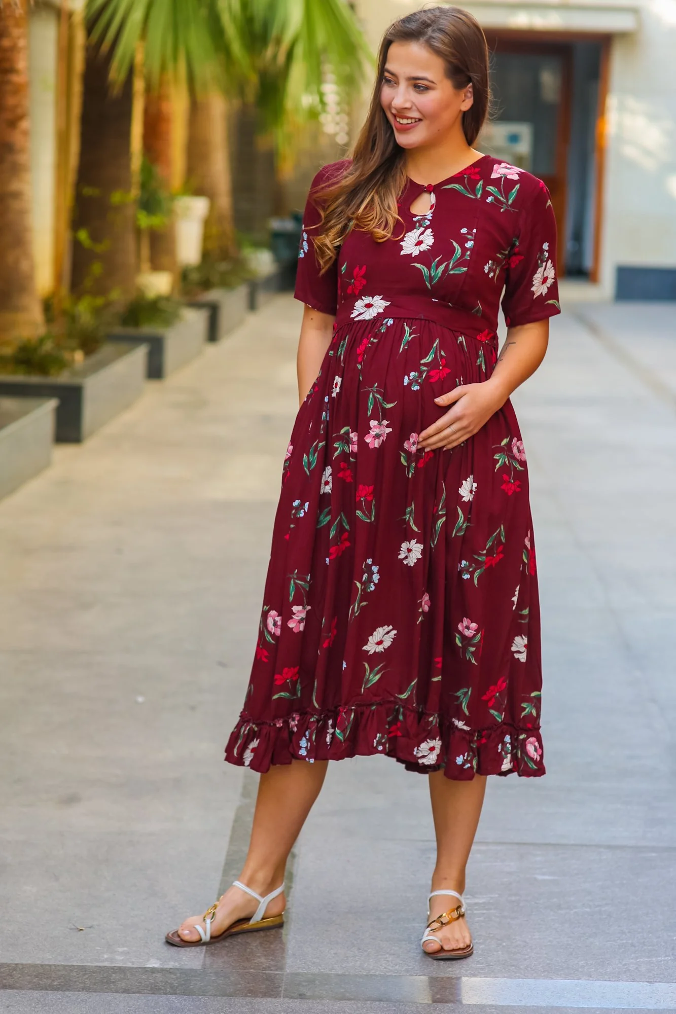 Berry Floral Frill Crepe Concealed Zips Maternity & Nursing Dress - Chenance