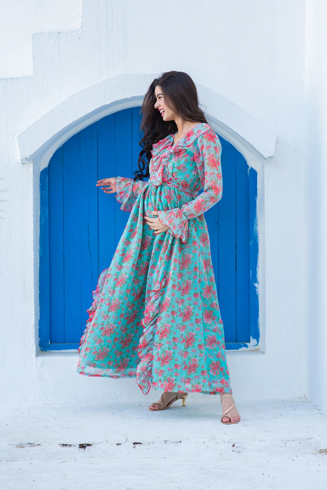 Pretty Aqua Pink Fresh Blossom Maternity Frill Dress - Chenance