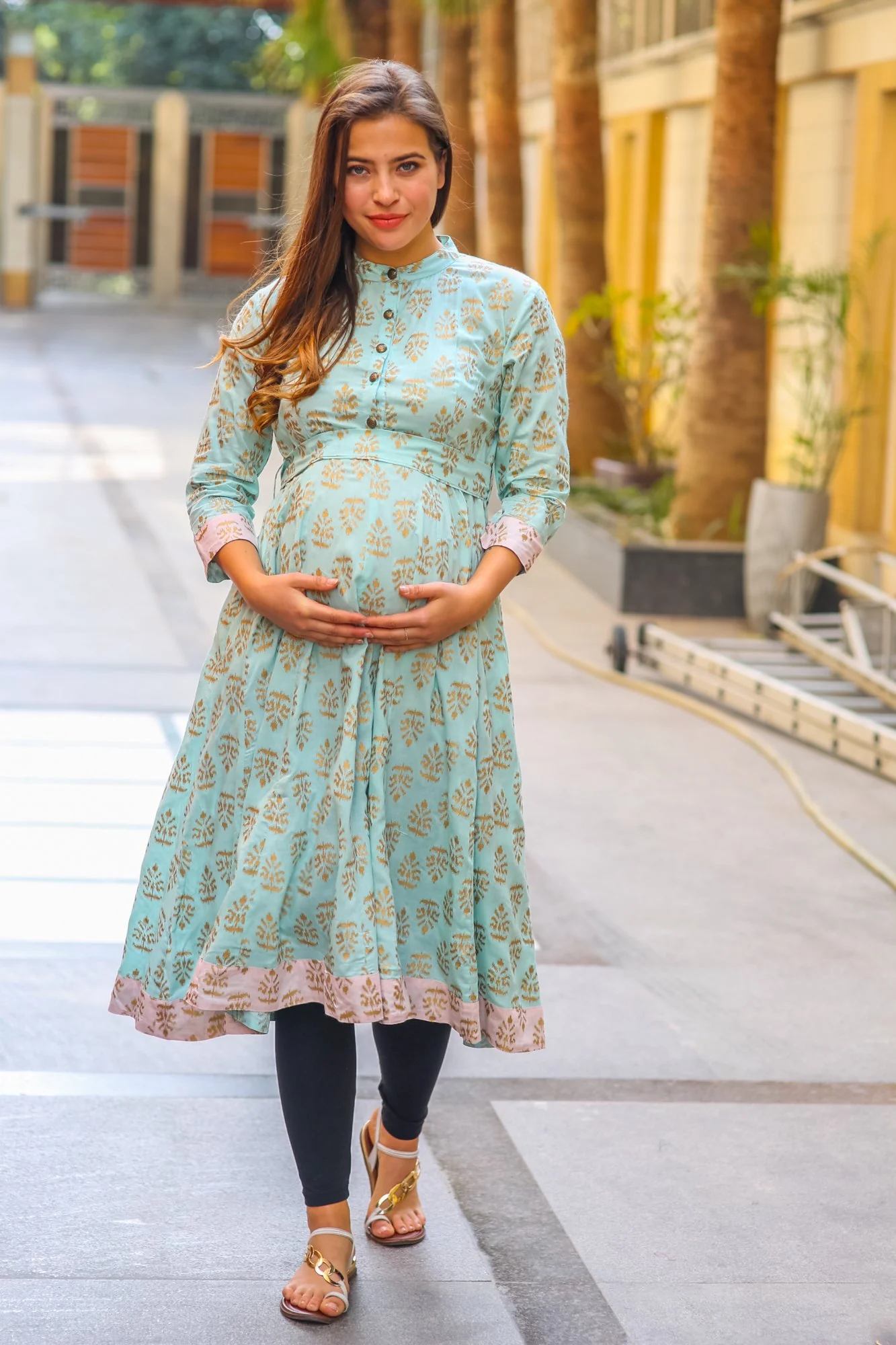 Mint Blue Gold Block Print Silk Maternity & Nursing Kurta - Chenance