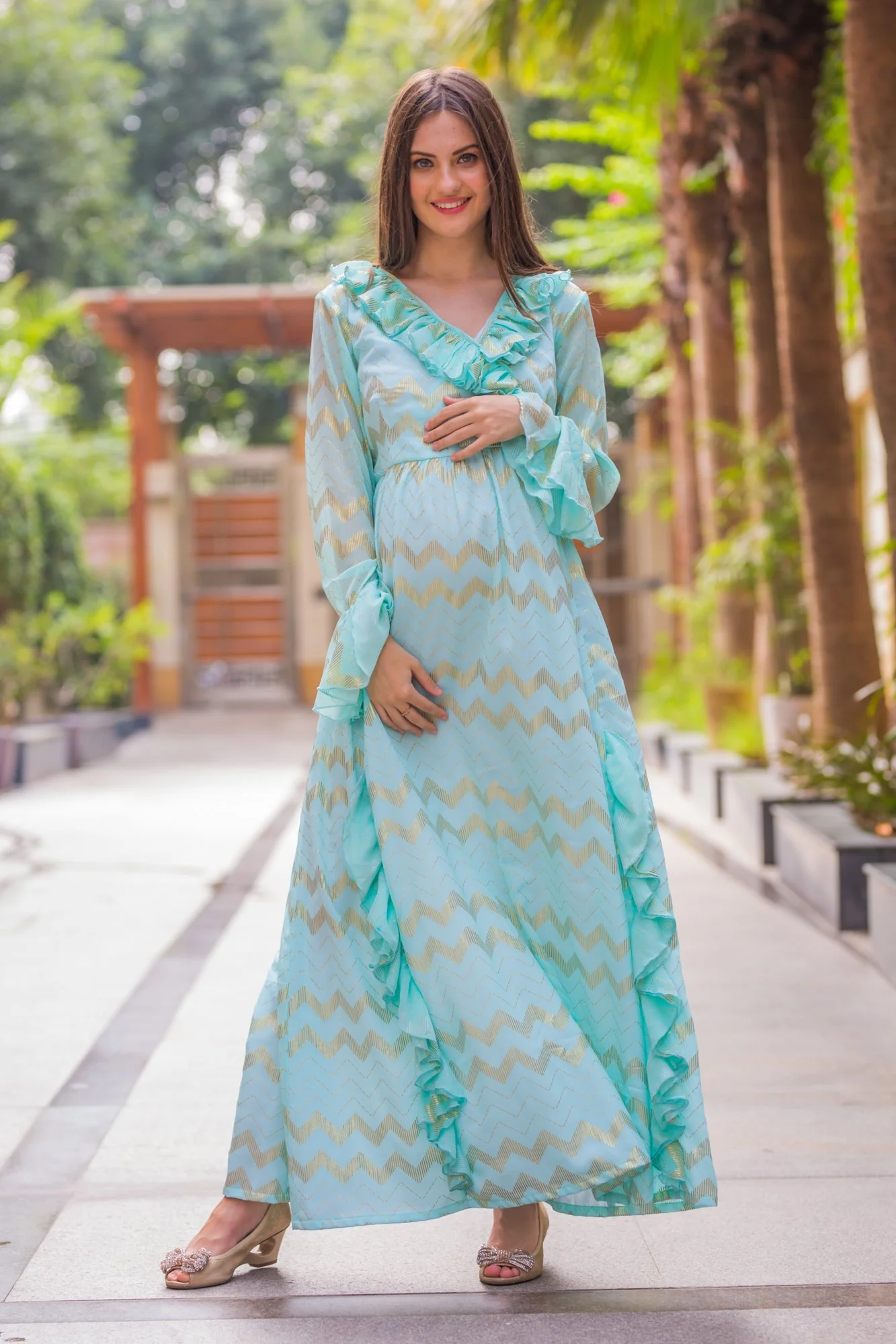 Pastel Blue Embellished Maternity & Nursing Dress - Chenance