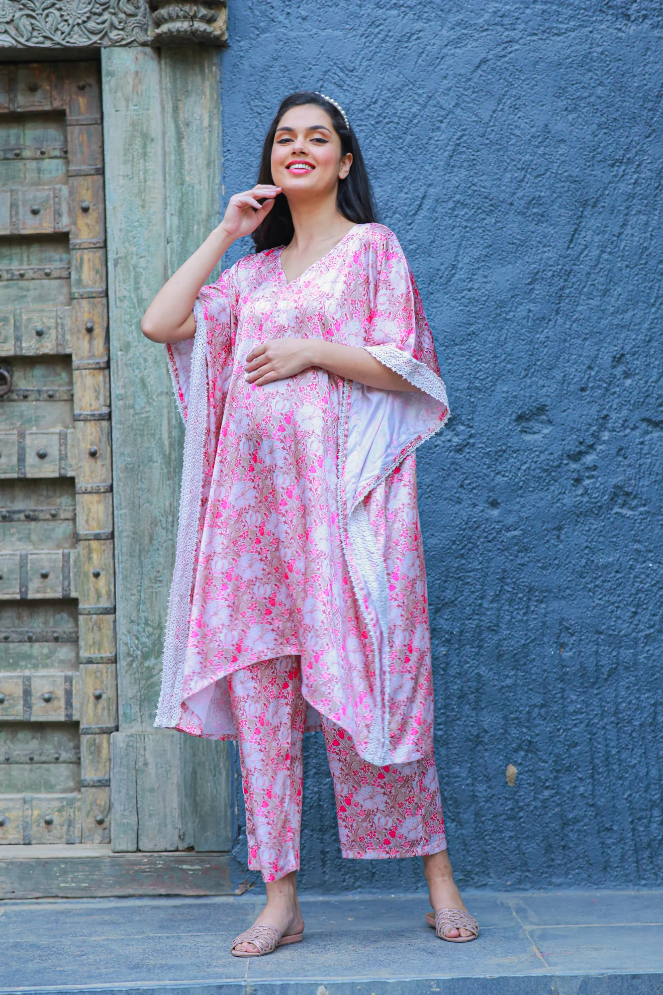 Premium Serene Rose Pink Satin Maternity & Nursing Lounge Coord Set (2 pc) - Chenance