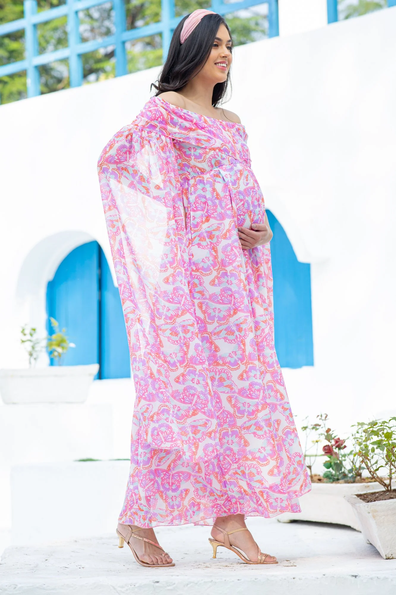 Pink Butterfly Flying Sleeves Maternity & Nursing Dress - Chenance