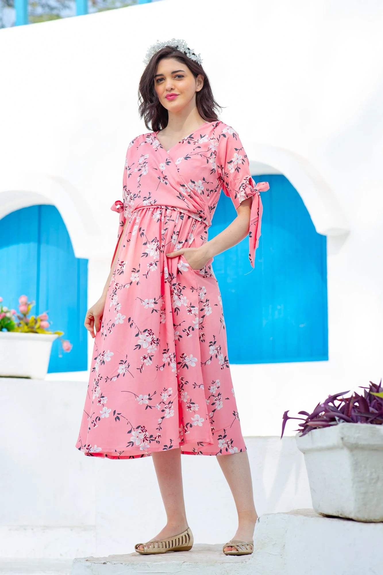 Soft Pink Blossom Maternity & Nursing Wrap Midi Dress - Chenance