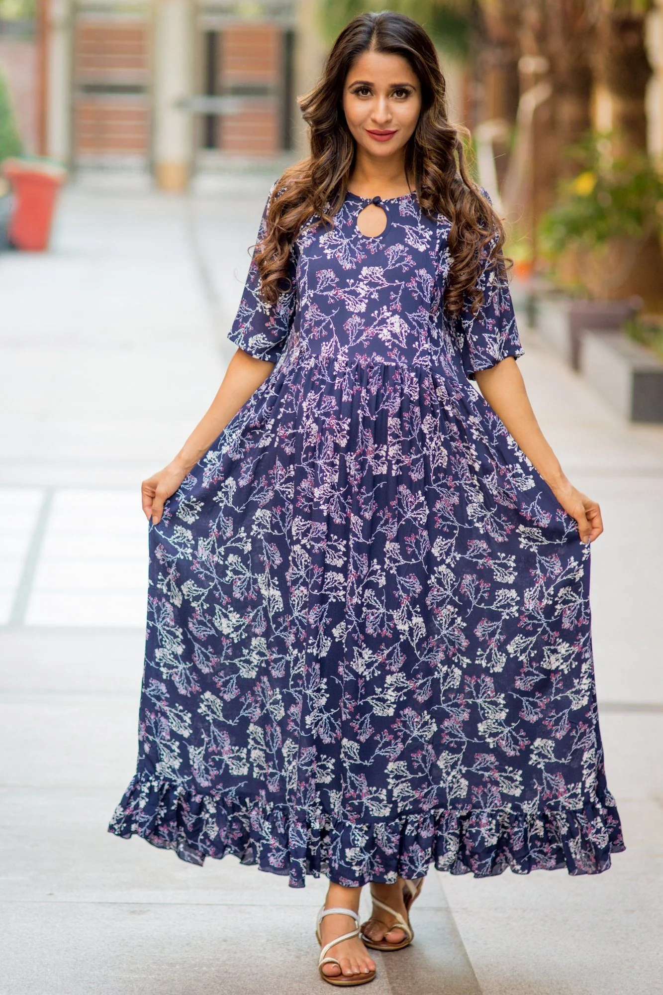 Lilac Frill Crepe Concealed Zips Nursing Dress - Chenance