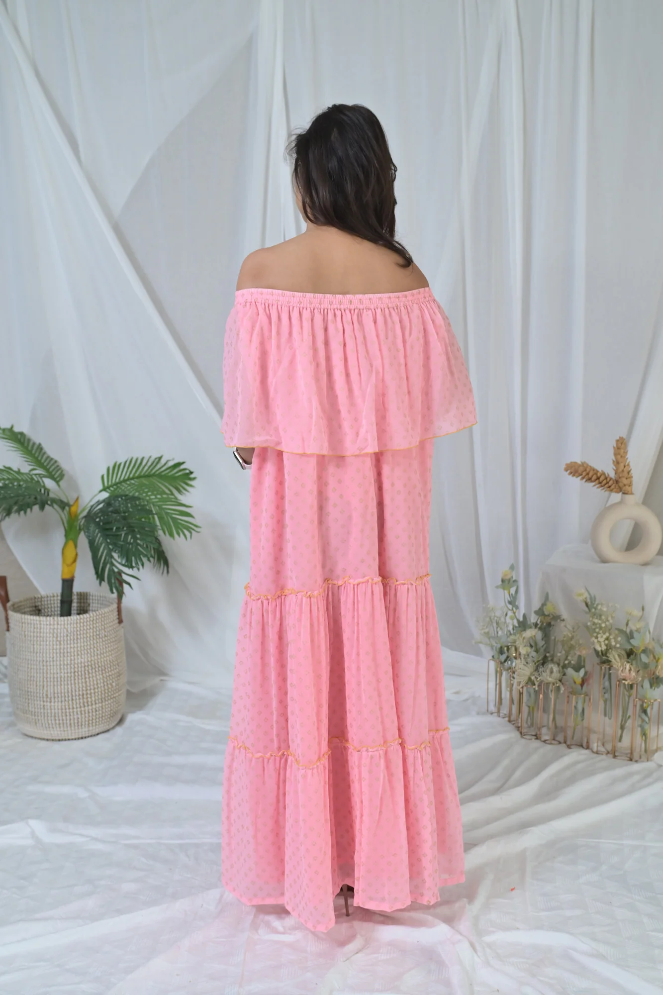 Elegant Peach Love Off-Shoulder Maternity Maxi Dress - Chenance