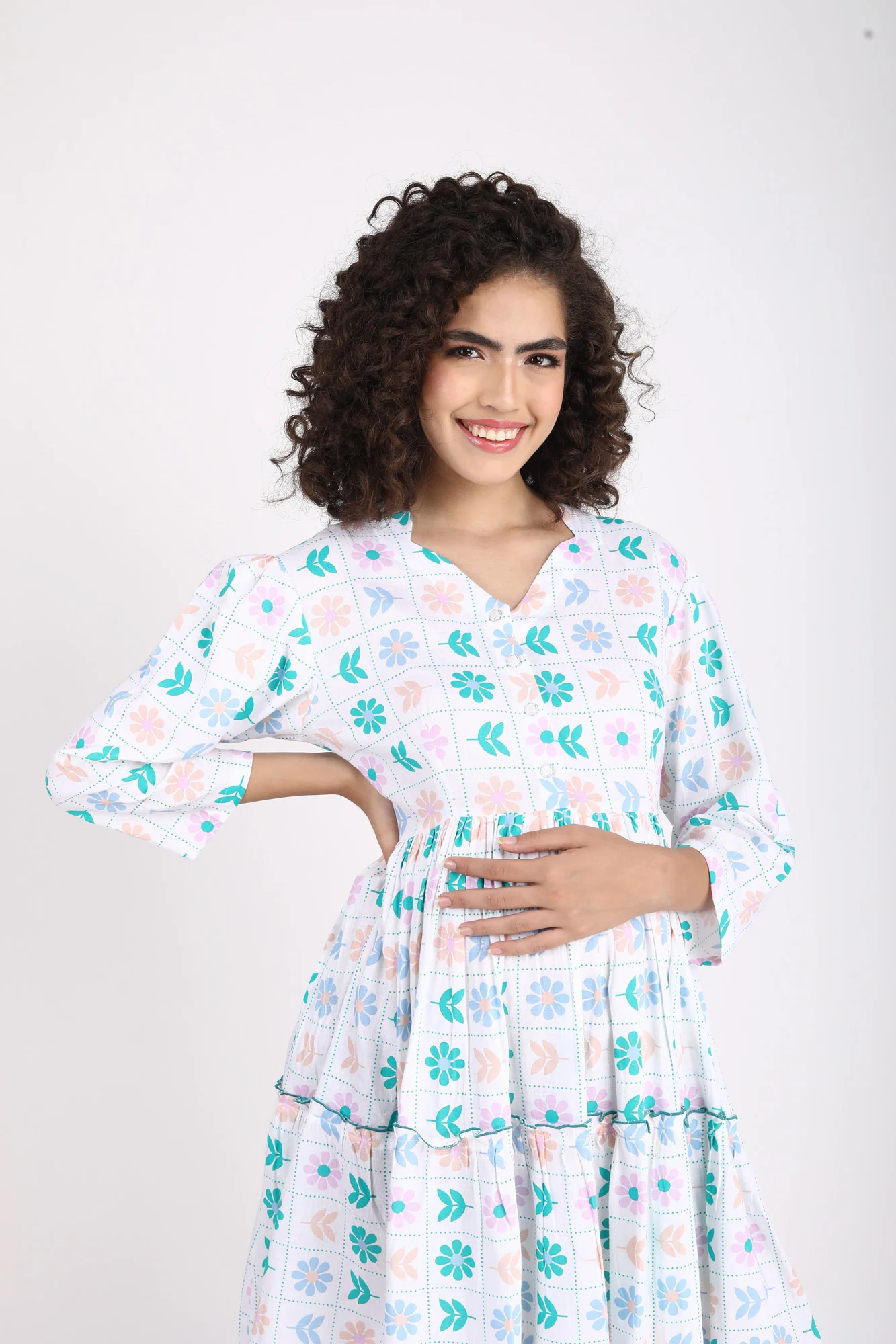 Calming White Maternity & Nursing Gathered Dress - Chenance