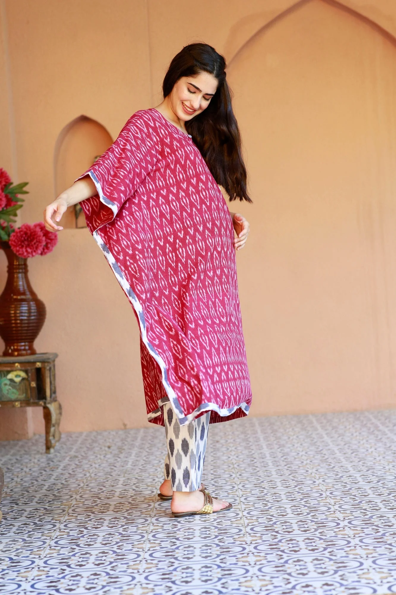 Rouge Ikat Maternity & Nursing Kaftan Set (100% Cotton) - Chenance