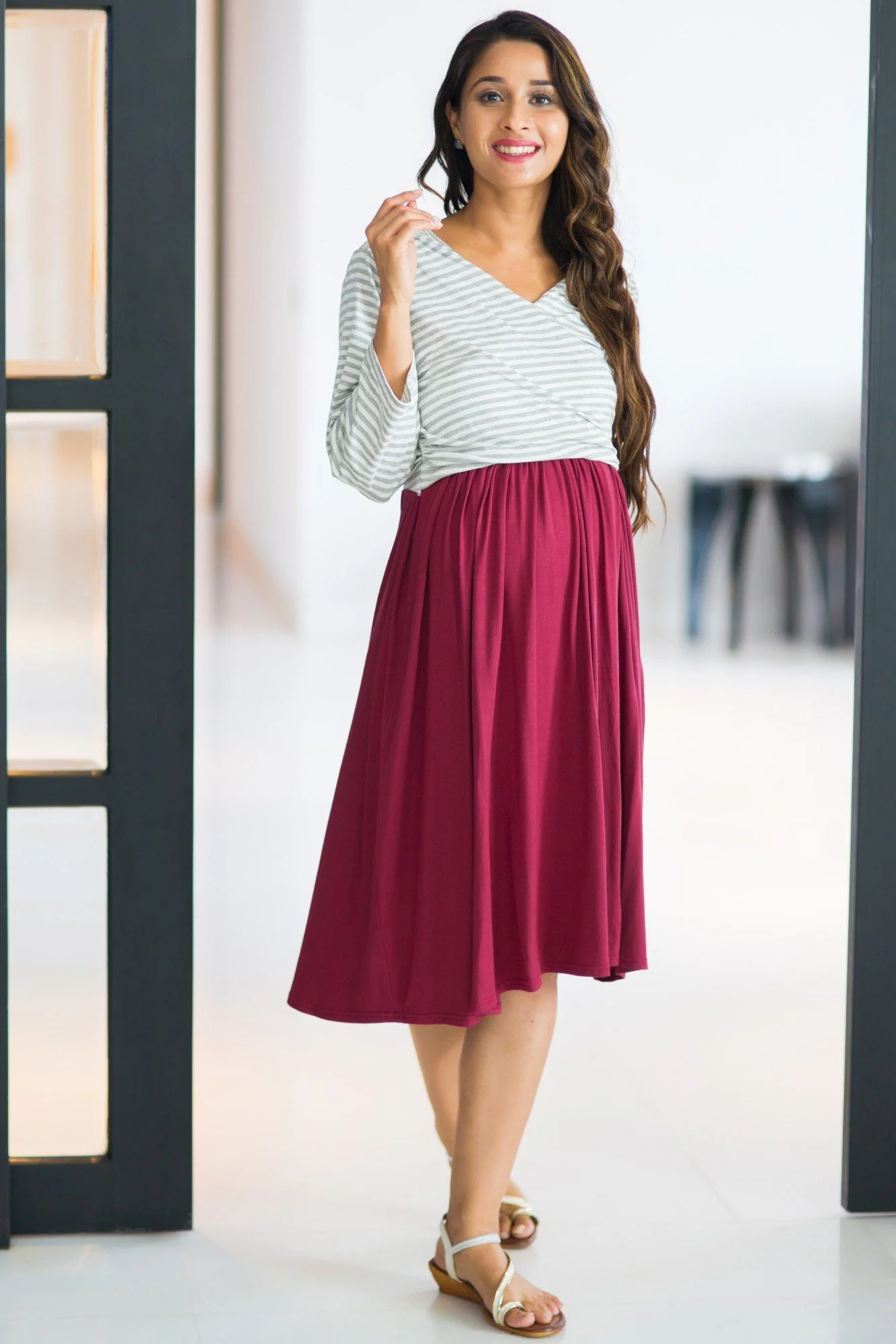Grey Striped & Wine Wrap Tie Maternity & Nursing Dress - Chenance
