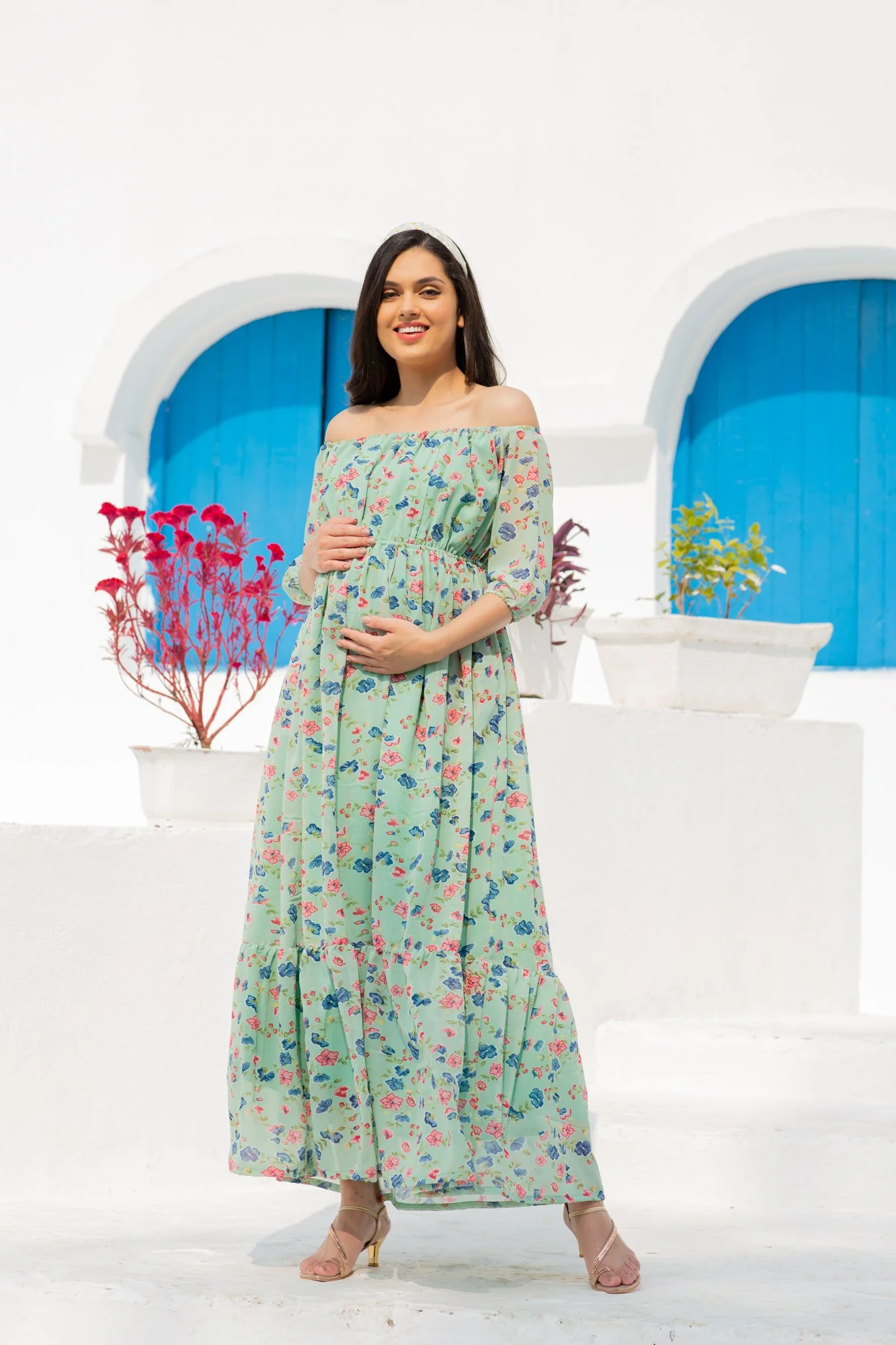 Mint Green Floral Dual Off-Shoulder Boat Neck Maternity & Nursing Maxi Dress - Chenance