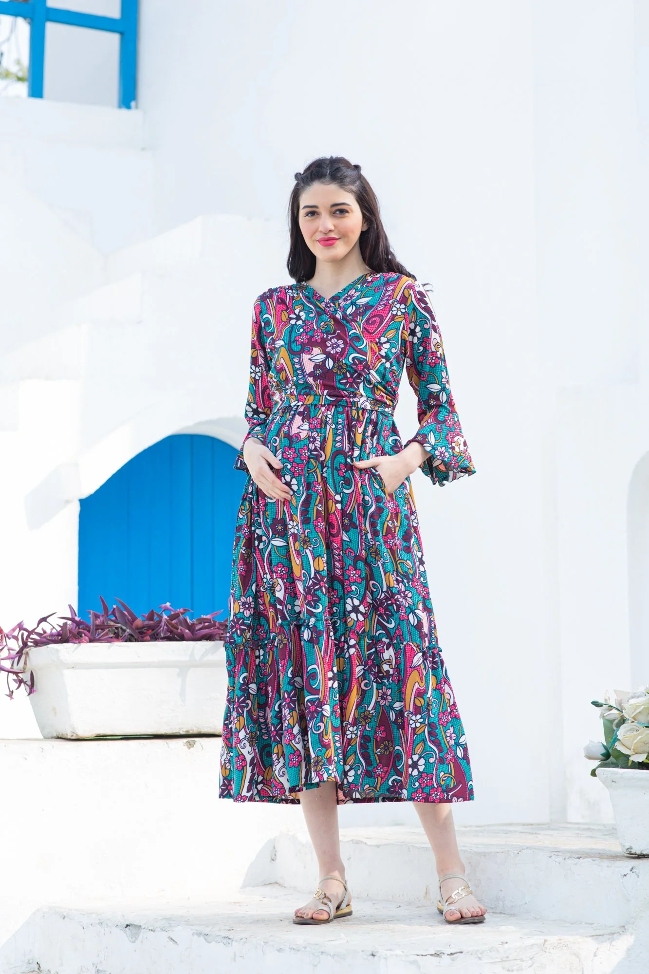 Boho Flower Frill Maternity & Nursing Midi Wrap Dress - Chenance