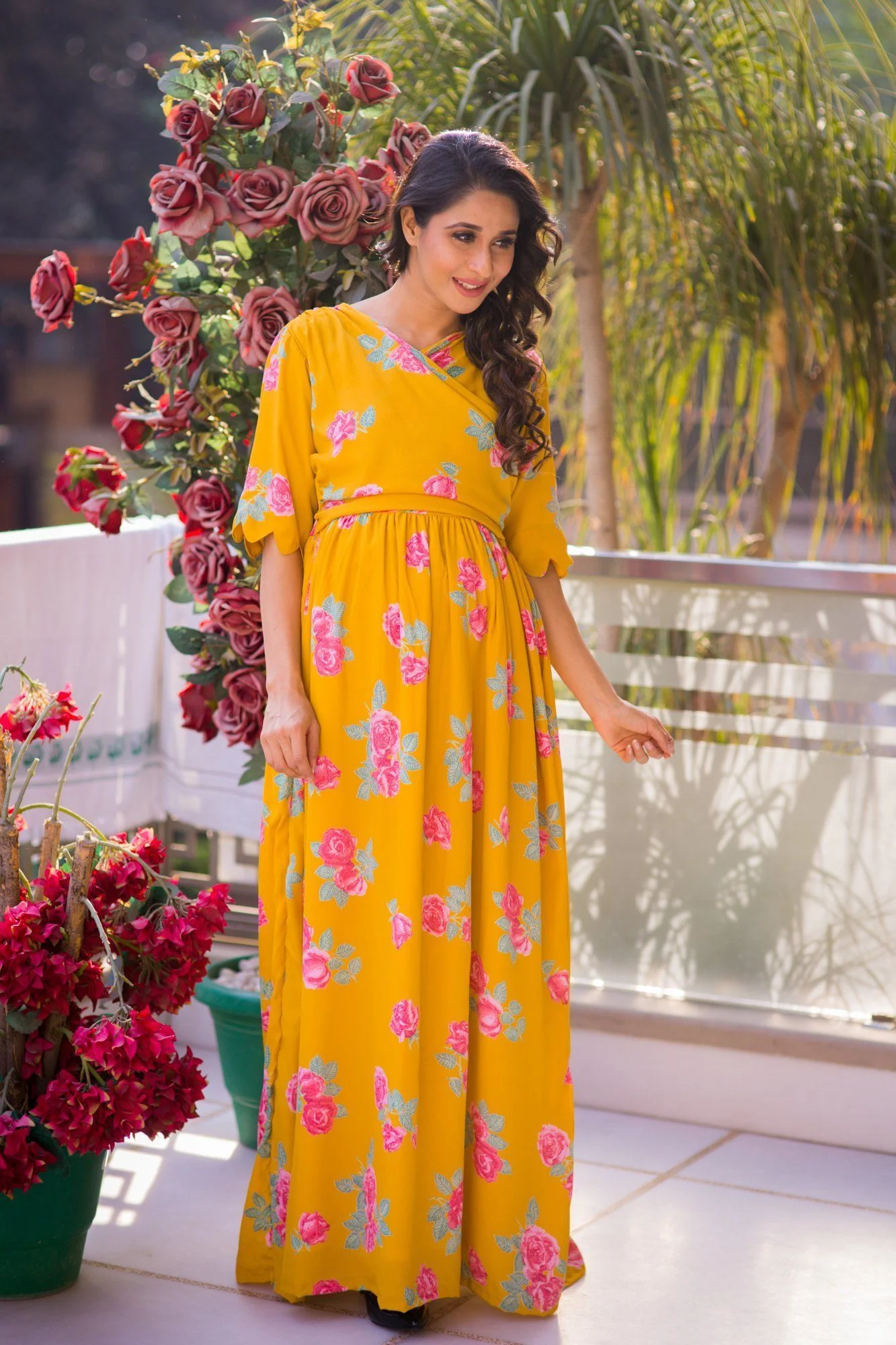 Fresh Blossom Mustard Maternity & Nursing Crepe Wrap Dress - Chenance