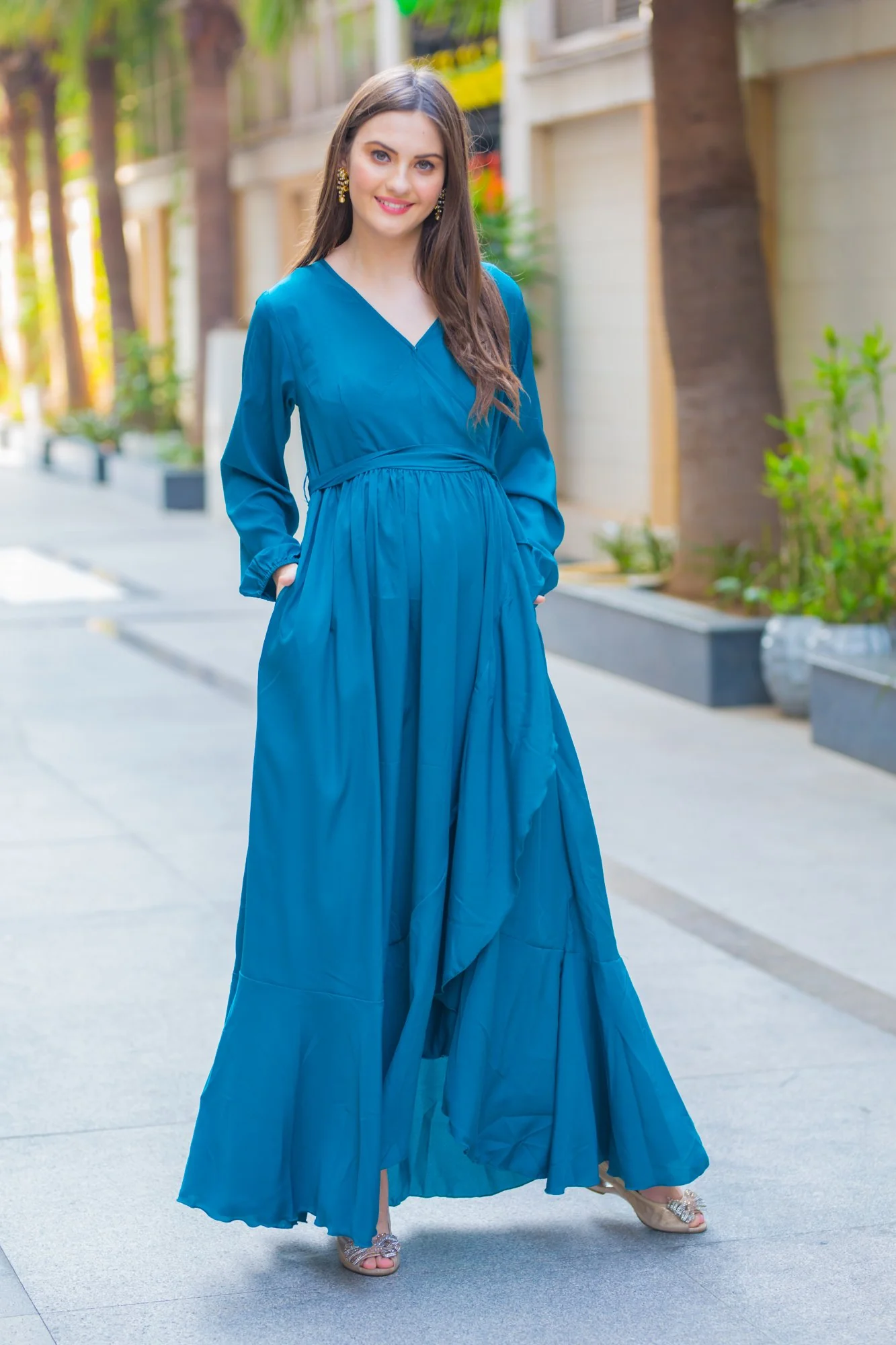 Ocean Blue Frill Maternity & Nursing Dress - Chenance