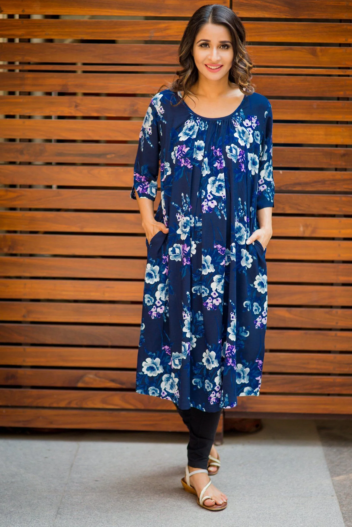 Ocean Blue Floral Print Pocket Versatile Maternity Dress - Chenance