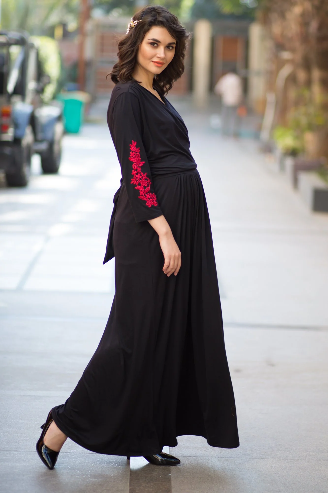 Elegant Black Red Crochet Maternity & Nursing Wrap Dress - Chenance
