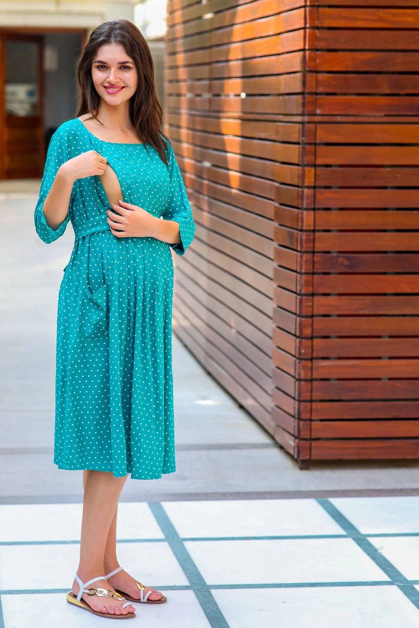 Emerald Polka Pintucks Nursing Kurta Dress - Chenance