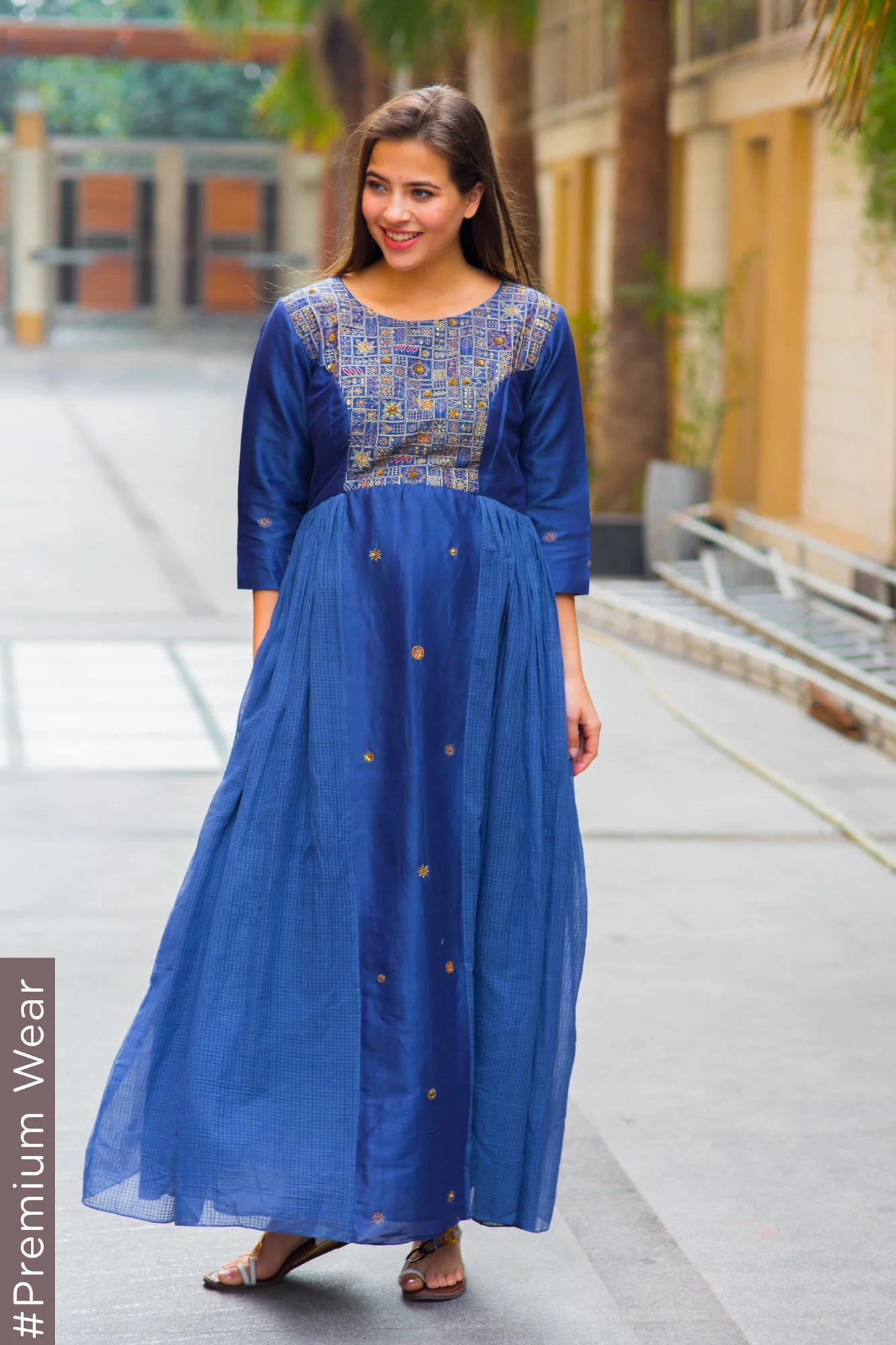 Premium Blue Chanderi Hand Embroidered Maternity & Nursing Dress - Chenance