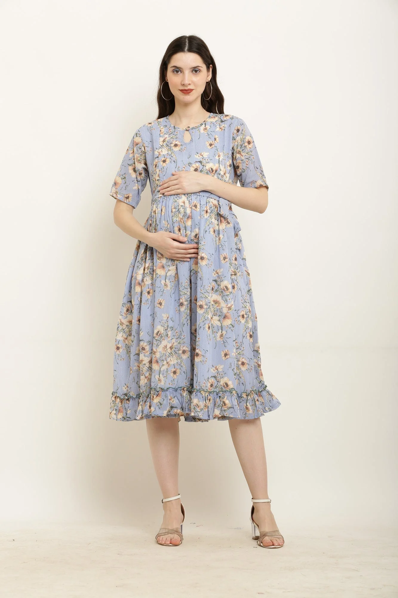 Ice Blue Daisy Frill Concealed Zips Nursing Dress - Chenance