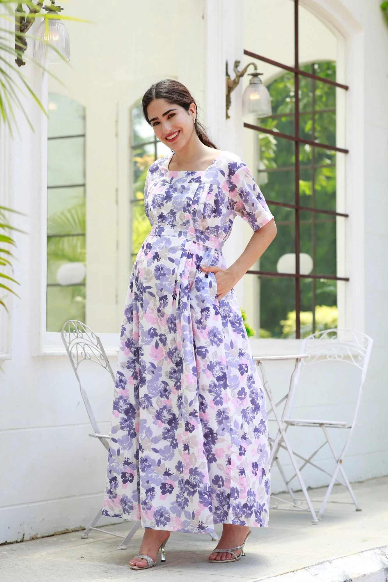 Restful Lavender Floral Maternity & Nursing Concealed Zips Night Dress - Chenance