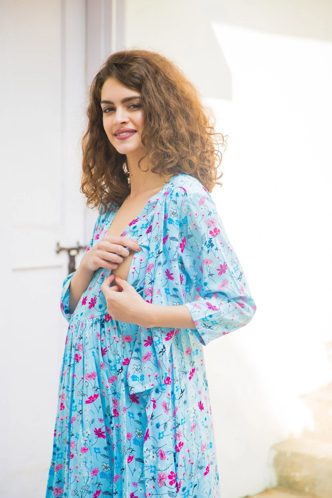 Sky Blue Floral  Maternity & Nursing Wrap Dress - Chenance