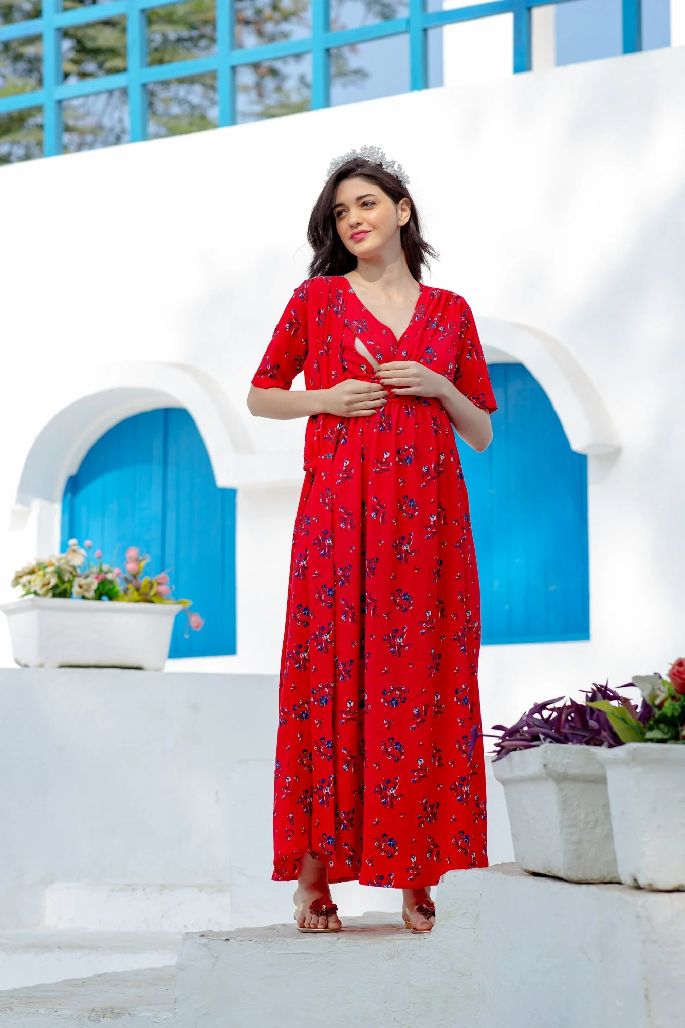 Raspberry Floral Maternity & Nursing Wrap Dress - Chenance