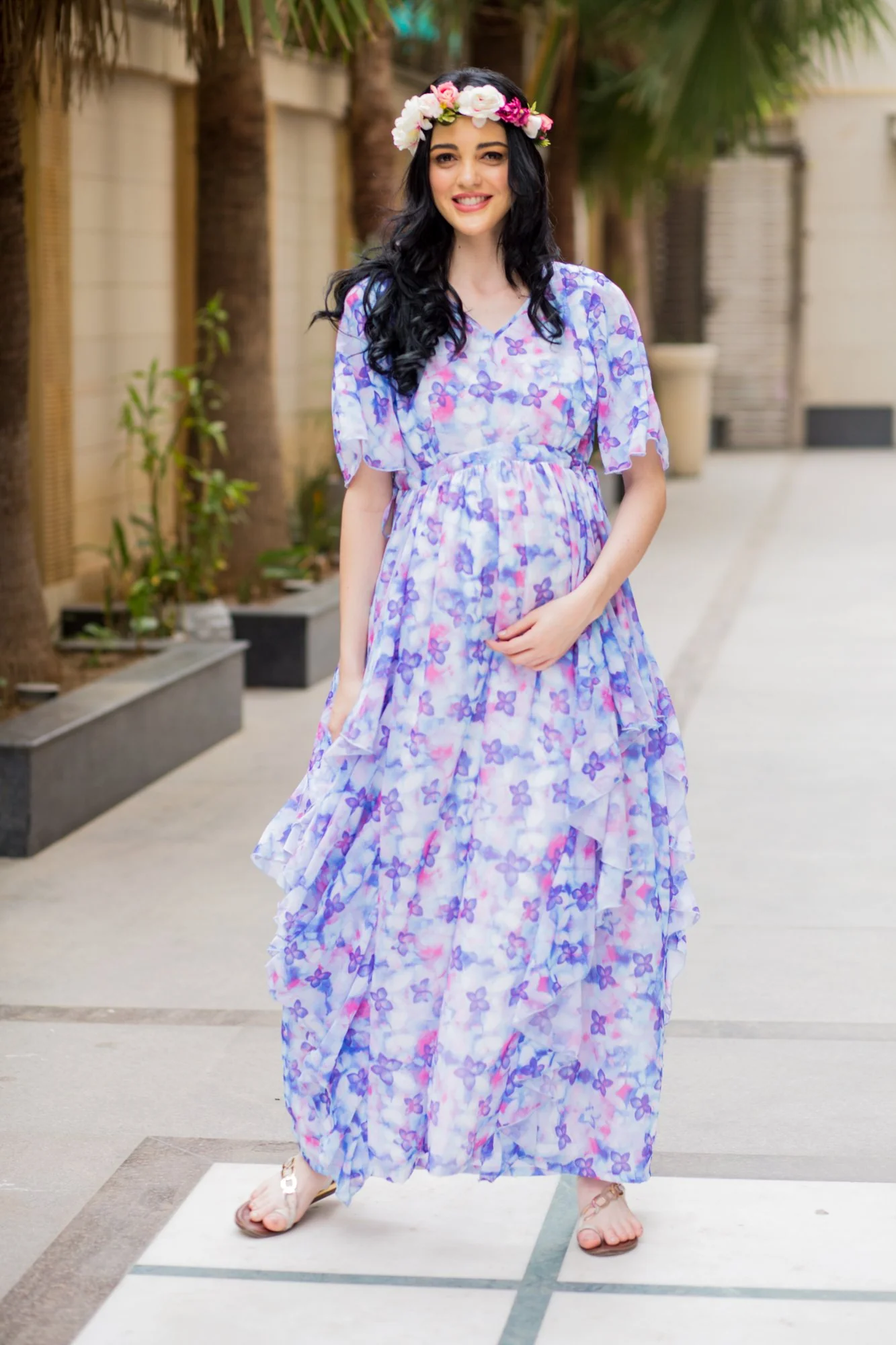 Purple Pink Butterfly Cascading Maternity Flow Dress - Chenance
