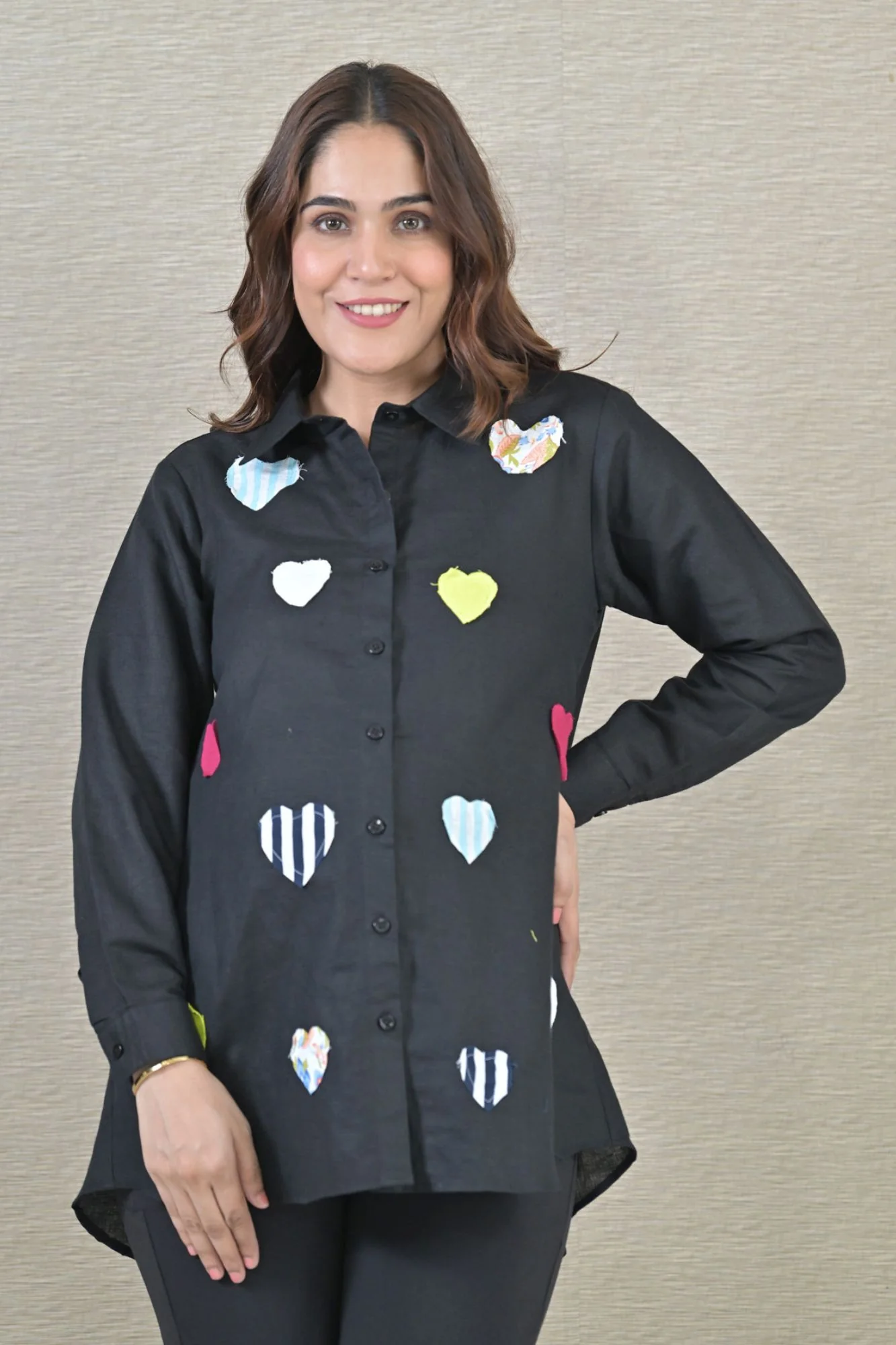 Snazzy Appliqu  d Black Maternity & Nursing Shirt (100% Cotton) - Chenance