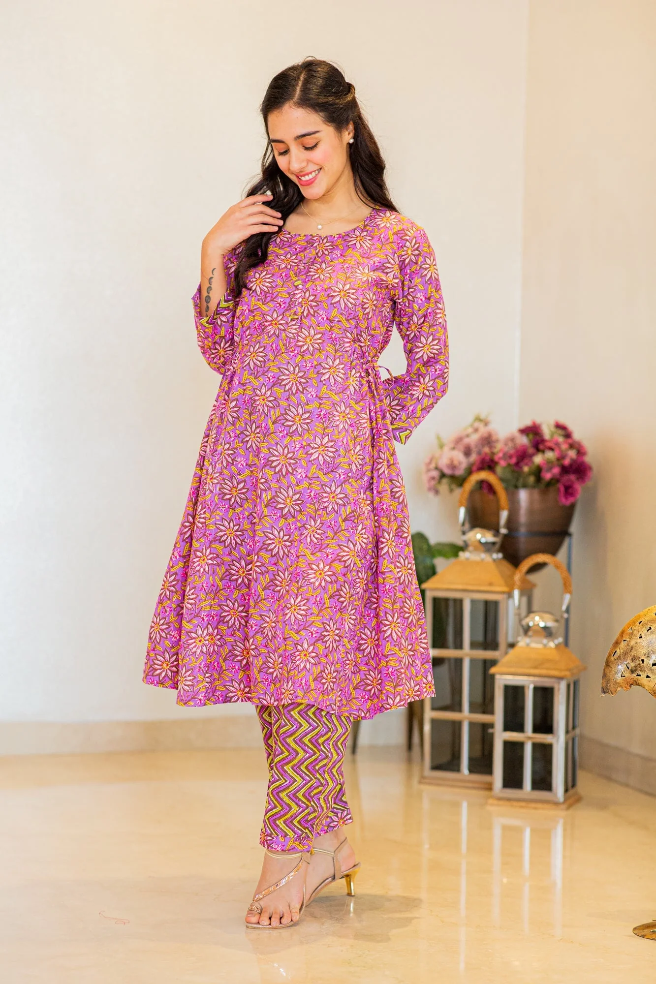 Stunning Purple Floral Maternity & Nursing Kurta Set (2pc) (100% Cotton) - Chenance