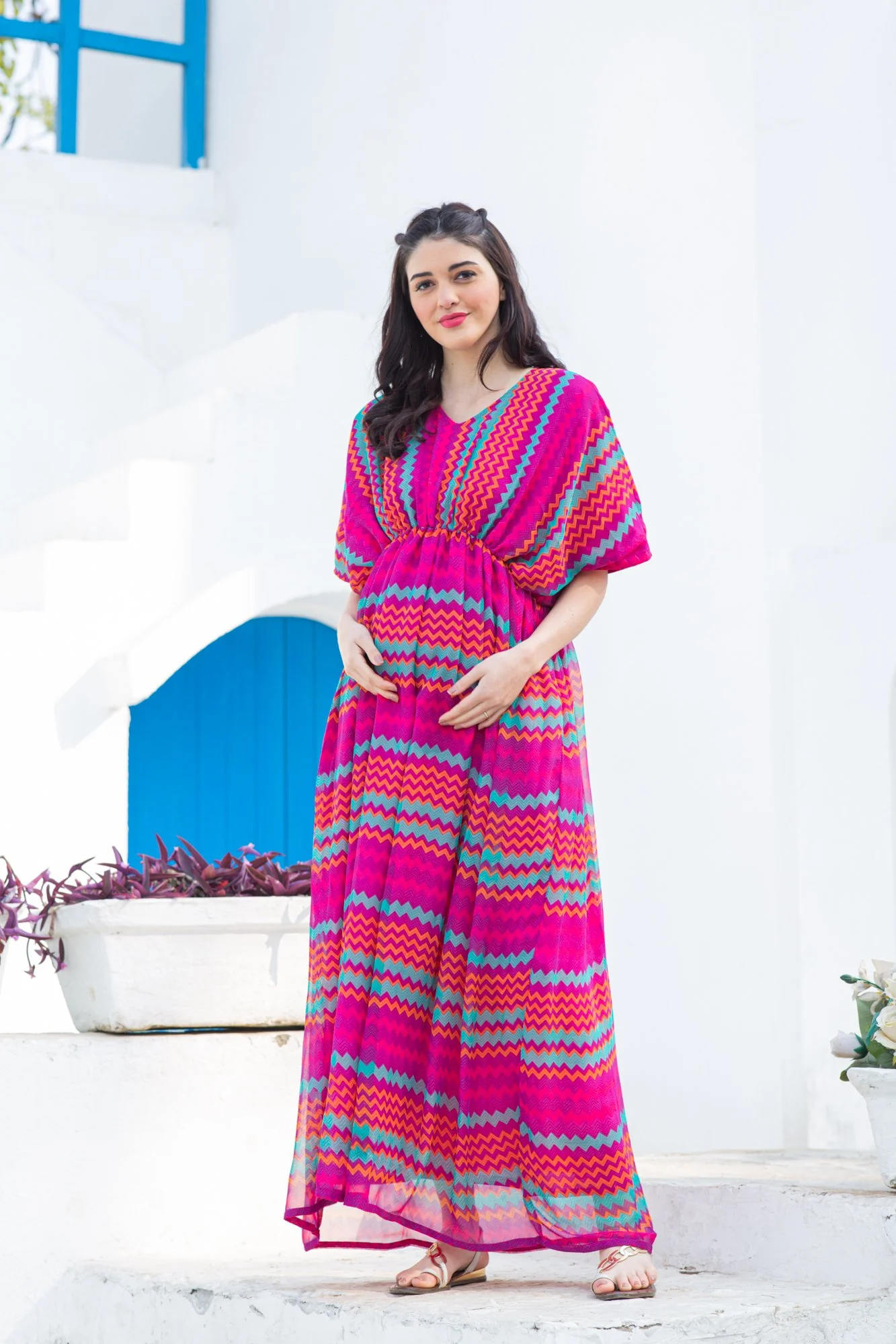 Joyful Rainbow Striped Maternity Kaftan Dress - Chenance