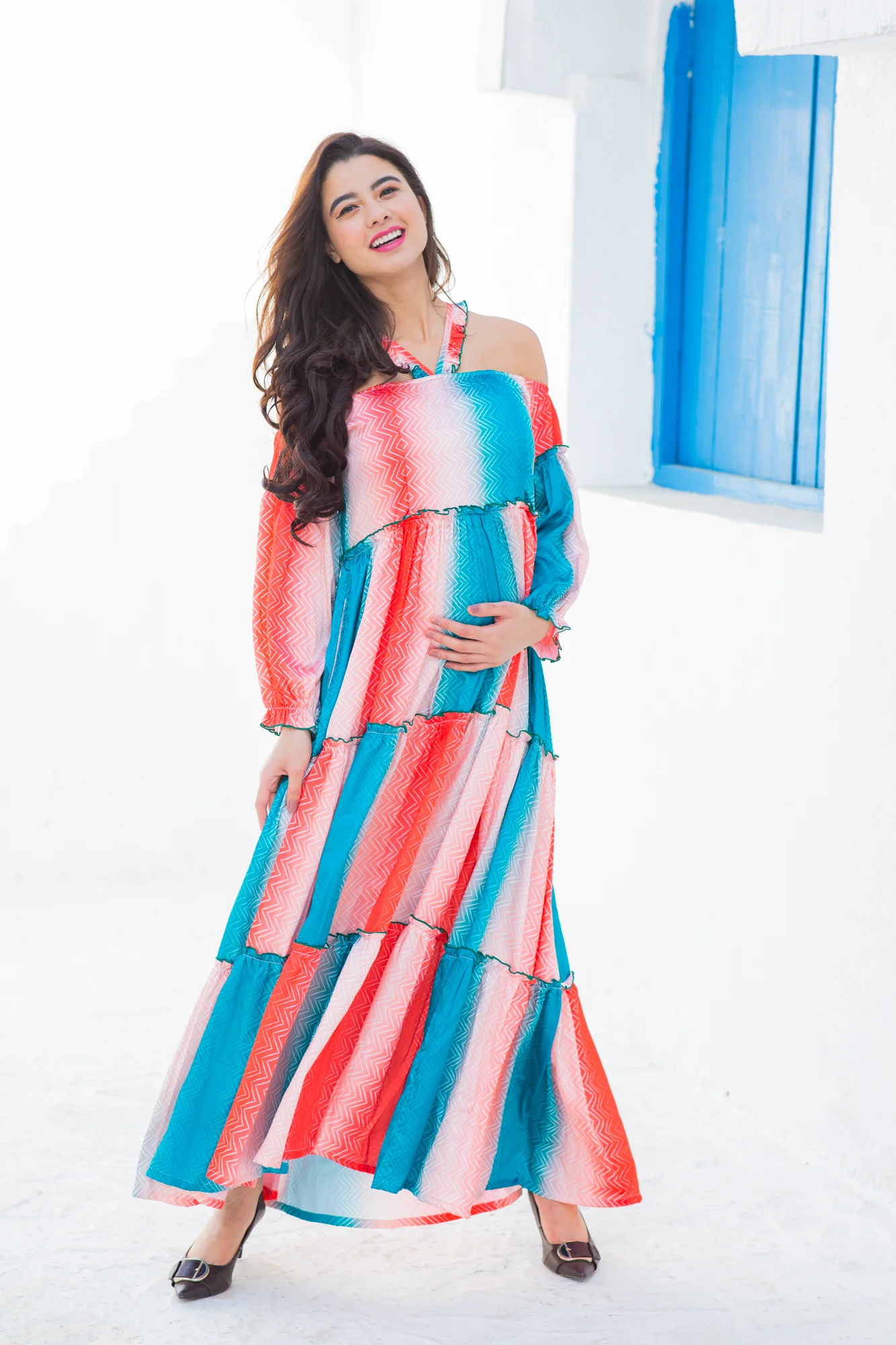 Beautiful Cherry Chevron Halter Maternity & Nursing Frill Dress - Chenance