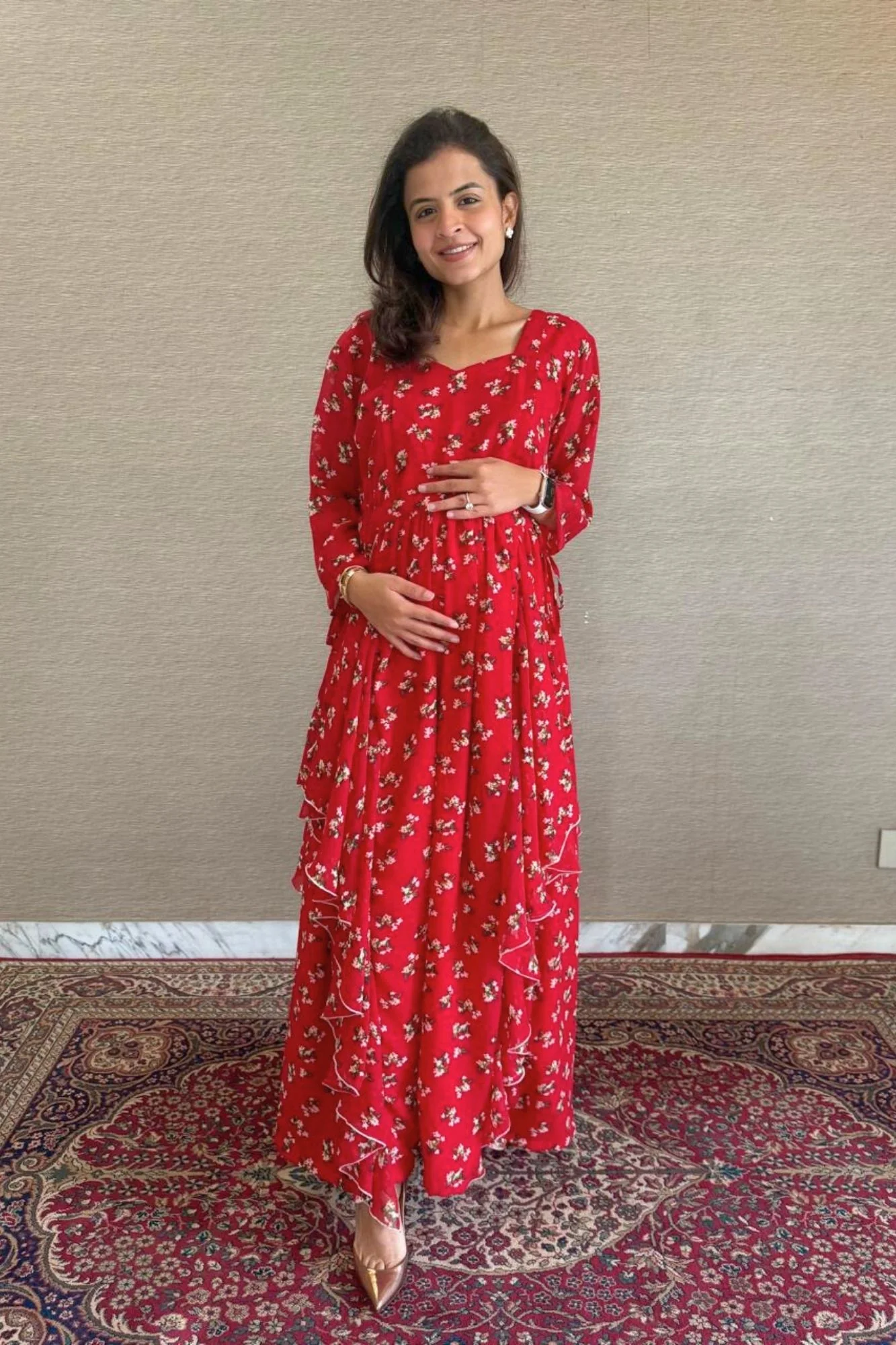 Cheery Floral Red Chiffon Maternity & Nursing Flow Dress - Chenance