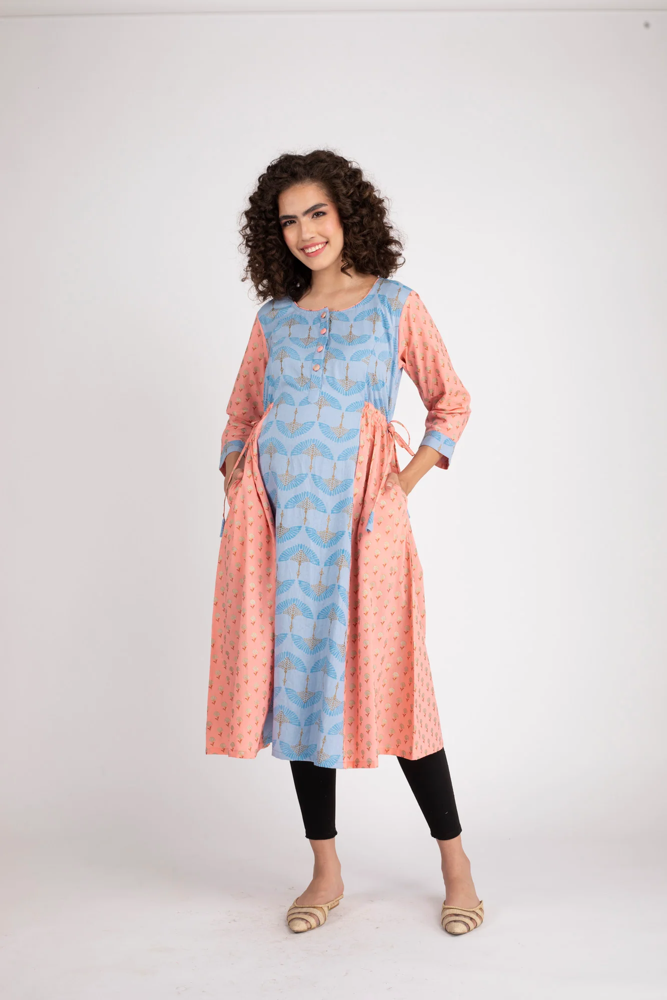 Ice Blue Gold Peach Maternity & Nursing Side Tie Kurta Dress (100% Cotton) - Chenance