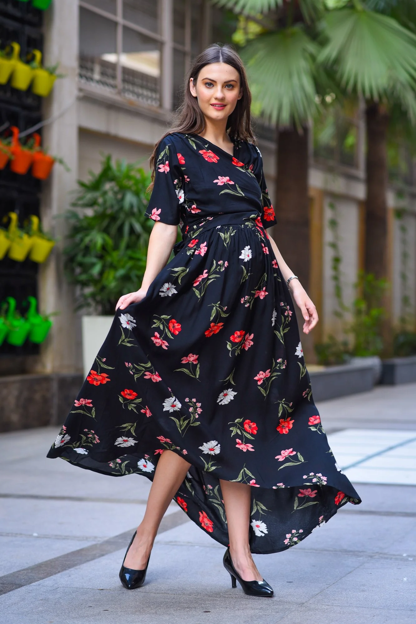 Midnight Blossom Rose High-Low Maternity & Nursing Wrap Dress - Chenance