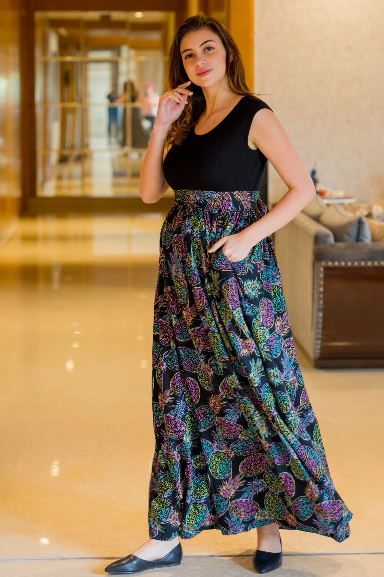 Pineapple Neon Print Gathered Maternity Dress - Chenance