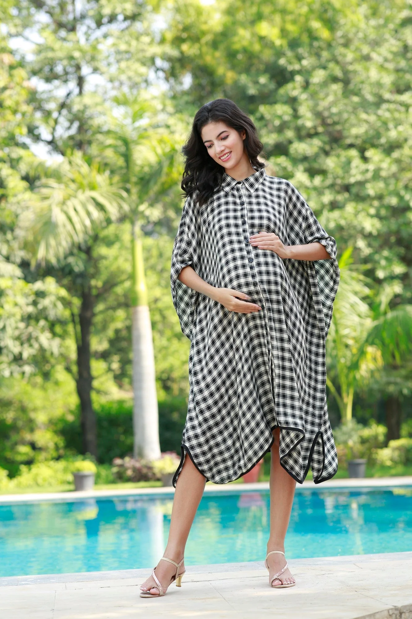 Forever Black & White Plaid Maternity & Nursing Kaftan Shirt Dress - Chenance