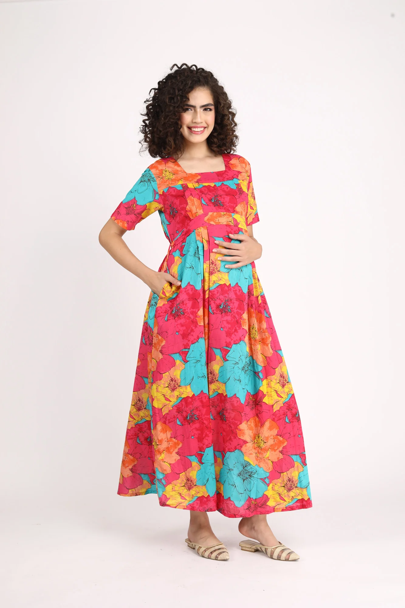 Fuchsia Maternity And Nursing Maxi Dress (100% Cotton) - Chenance
