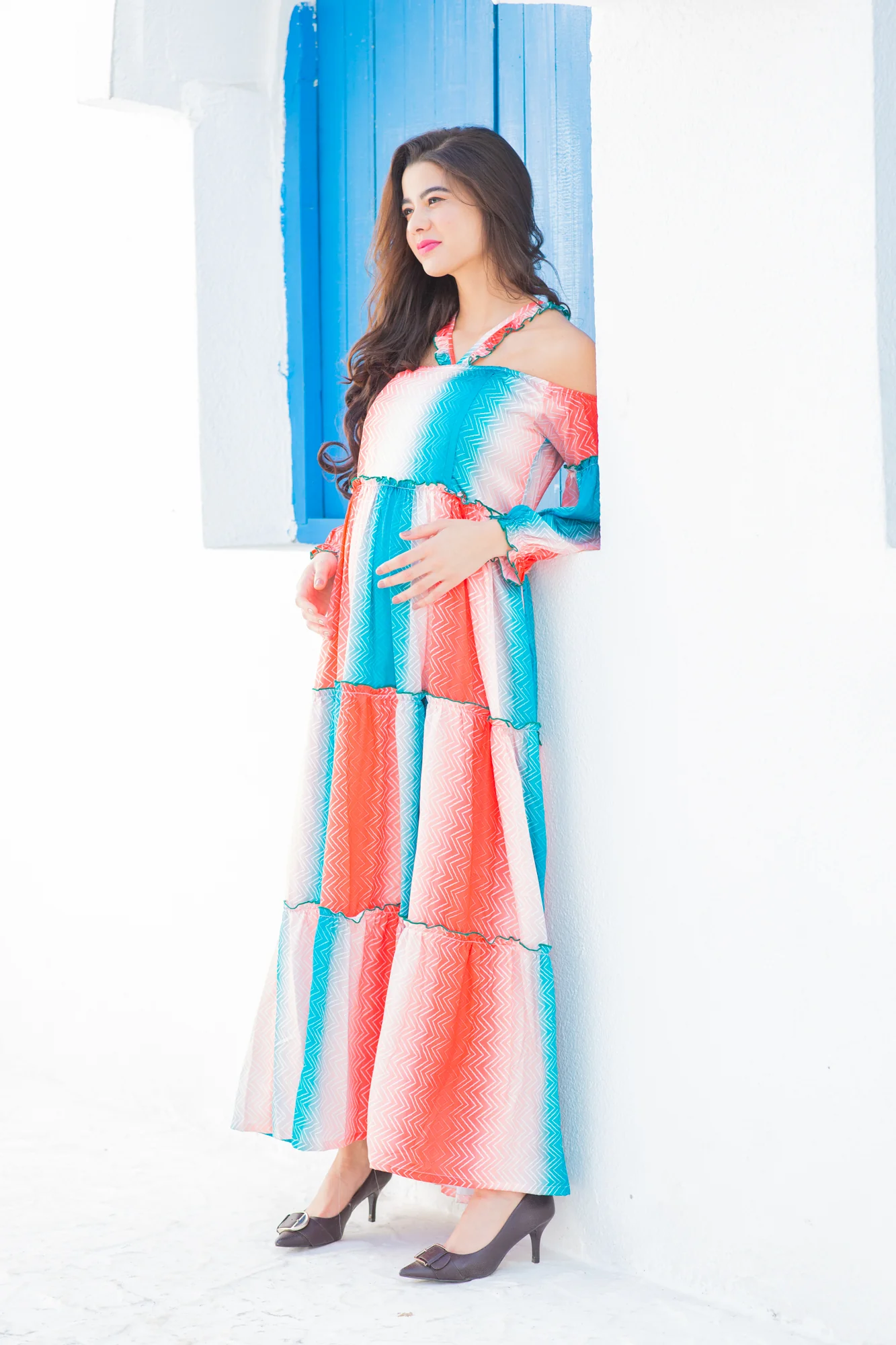 Beautiful Cherry Chevron Halter Maternity & Nursing Frill Dress - Chenance