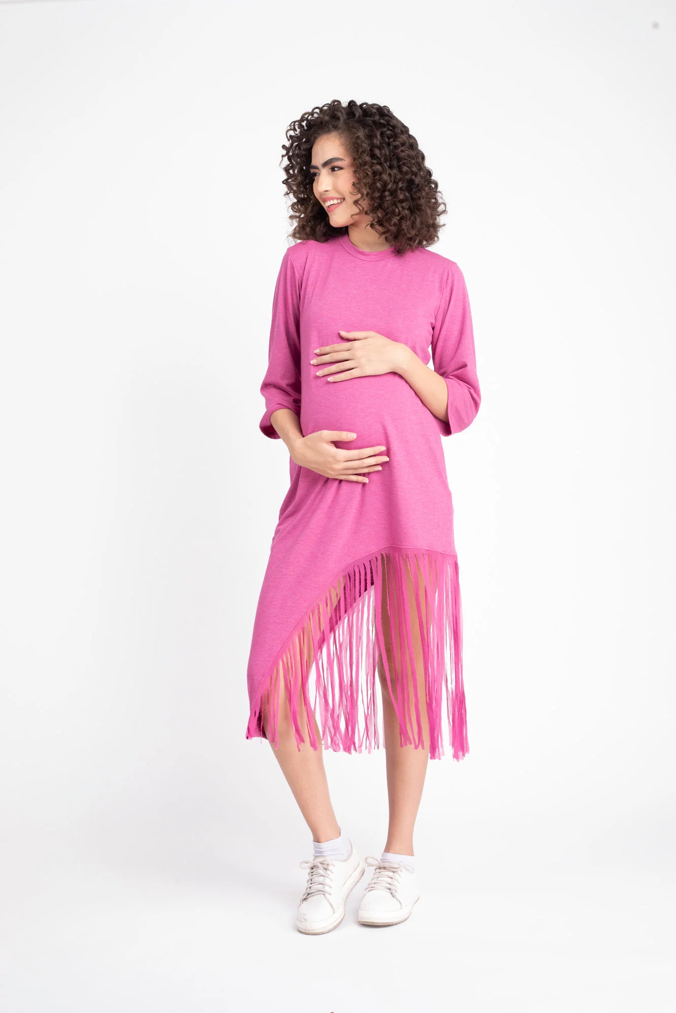 Sizzling Dusty Pink Maternity Fringe Dress - Chenance