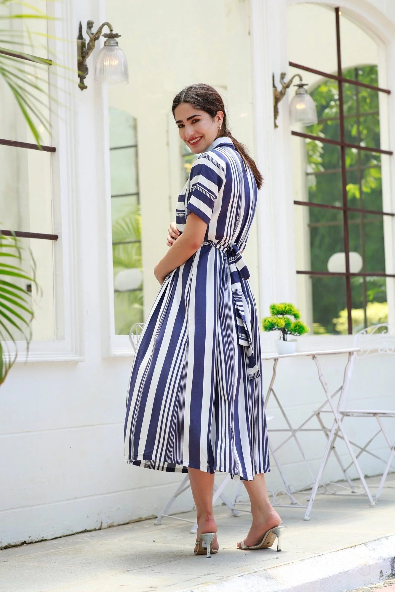 Breezy Navy Blue Striped Maternity & Nursing Dress - Chenance