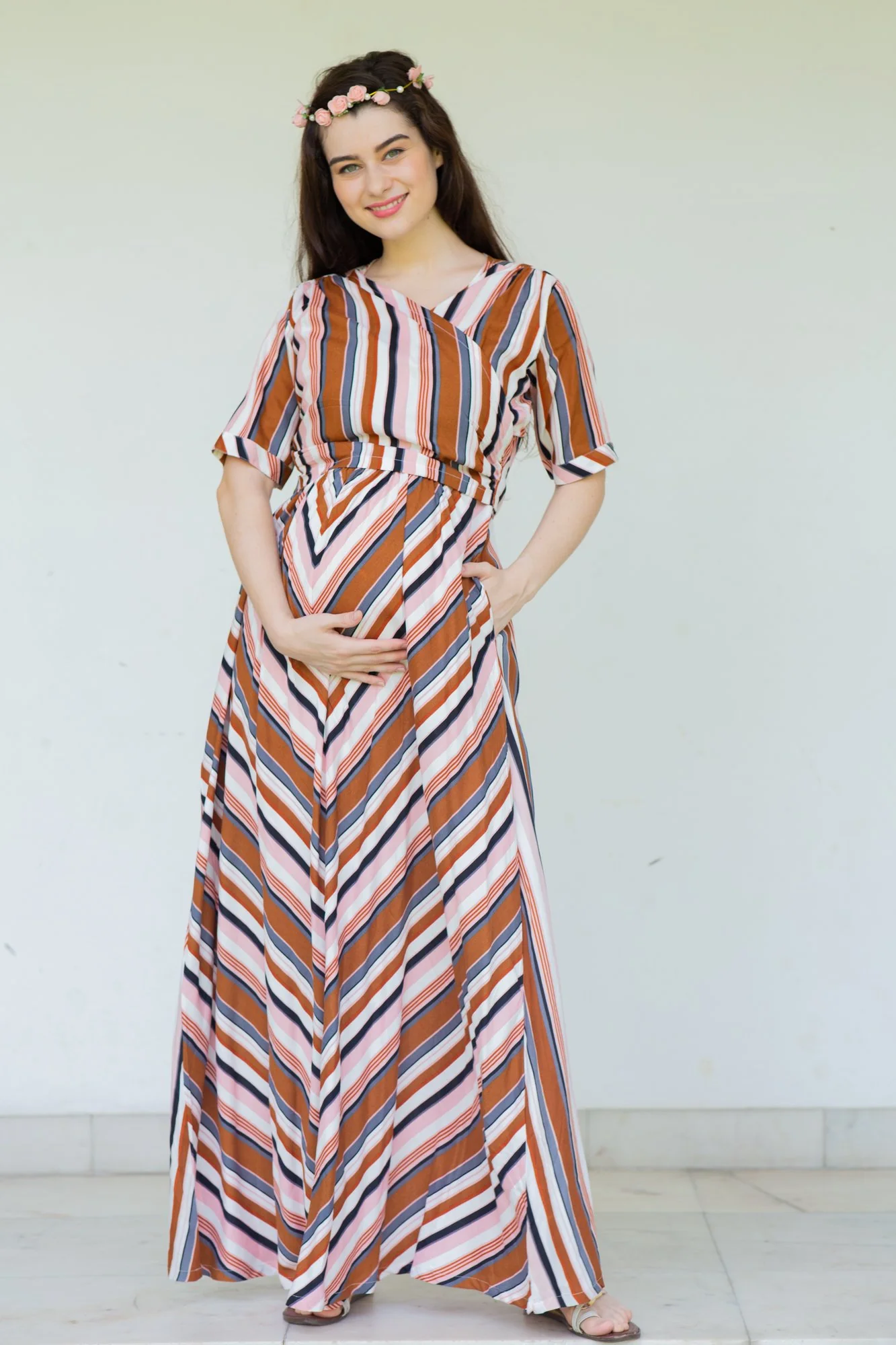 Rainbow Striped Maternity & Nursing Wrap Dress - Chenance
