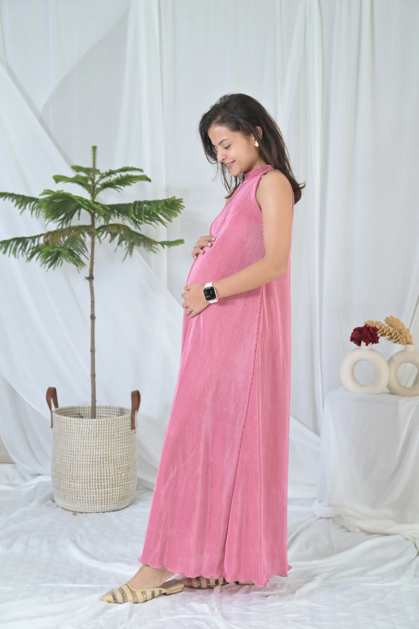 Luxe Hot Pink Maternity Pleated Gown - Chenance