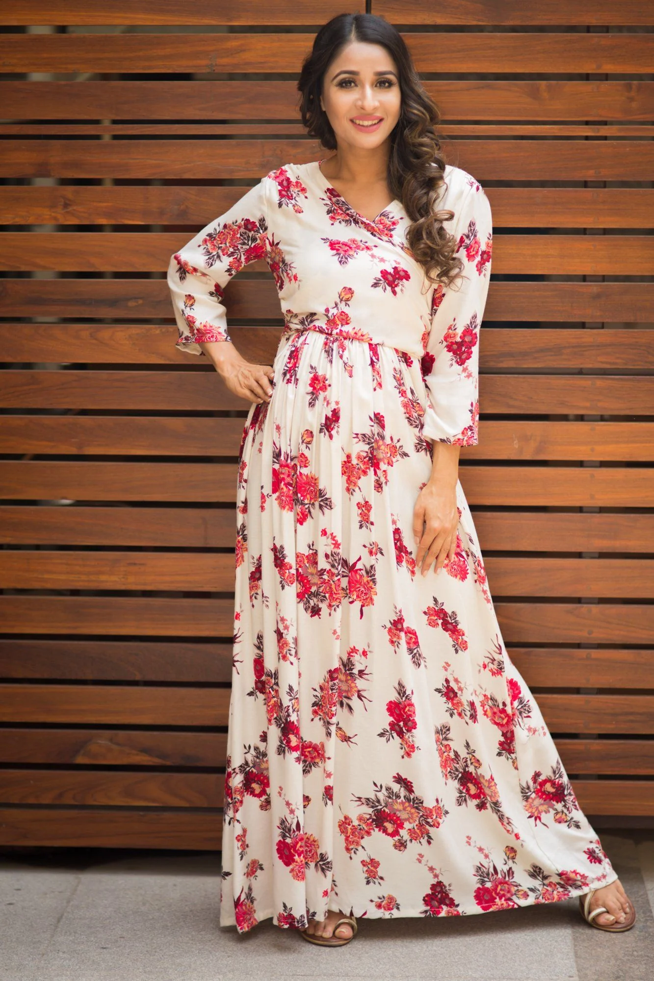 Angelic Cream White Floral Maternity & Nursing Wrap Dress - Chenance