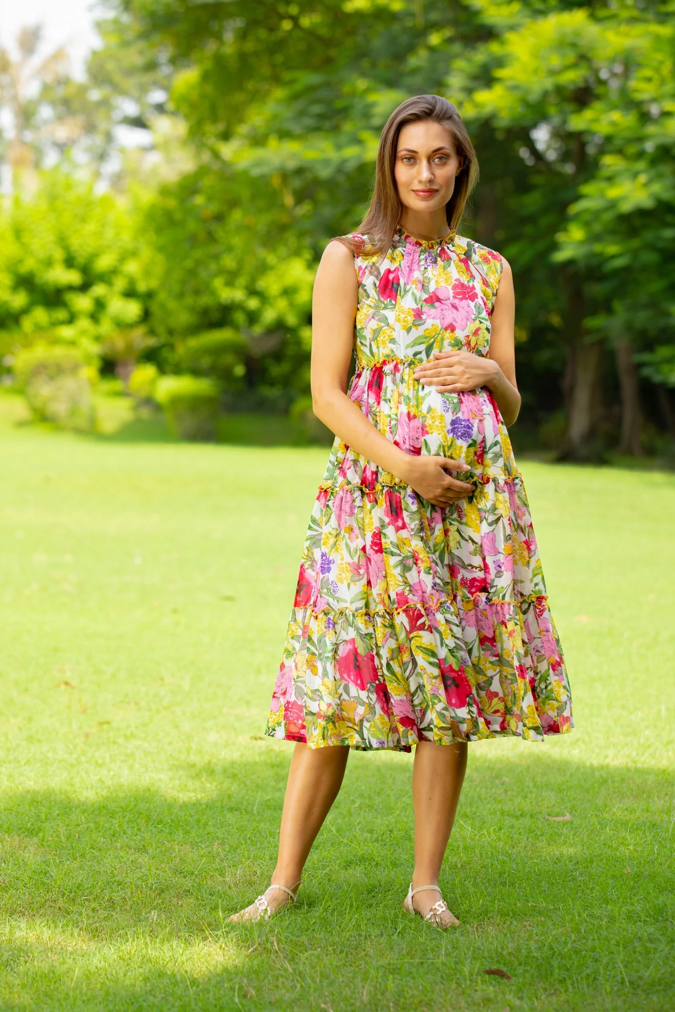 Blossom White Maternity & Nursing Concealed Zips Frill Dress - Chenance