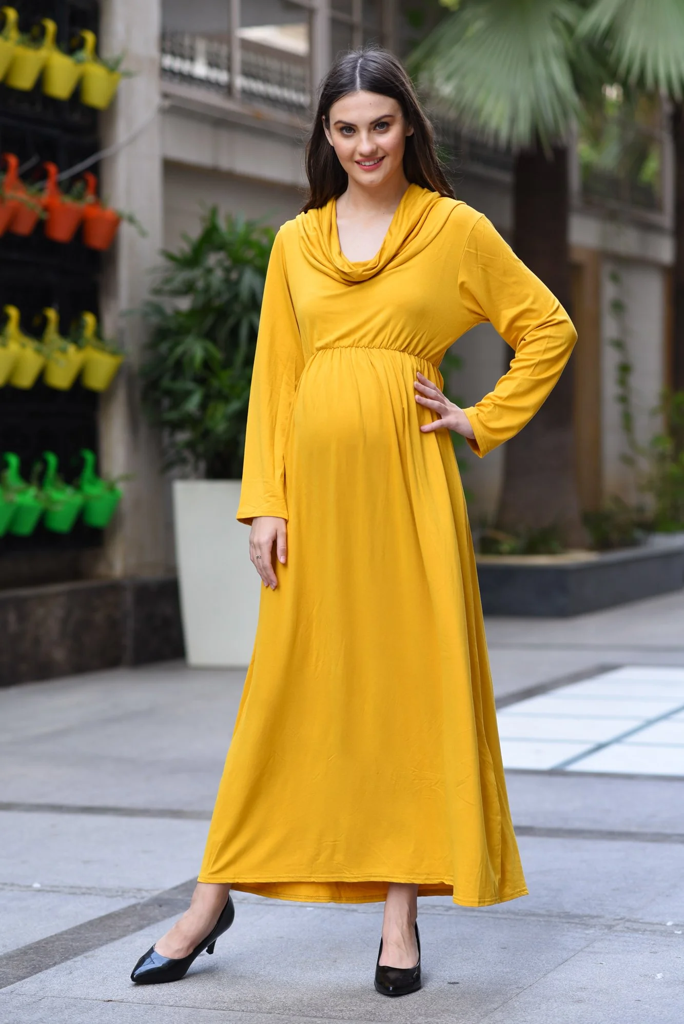 Honey Yellow Cowl Neck Off-Shoulder Maternity Maxi Dress - Chenance