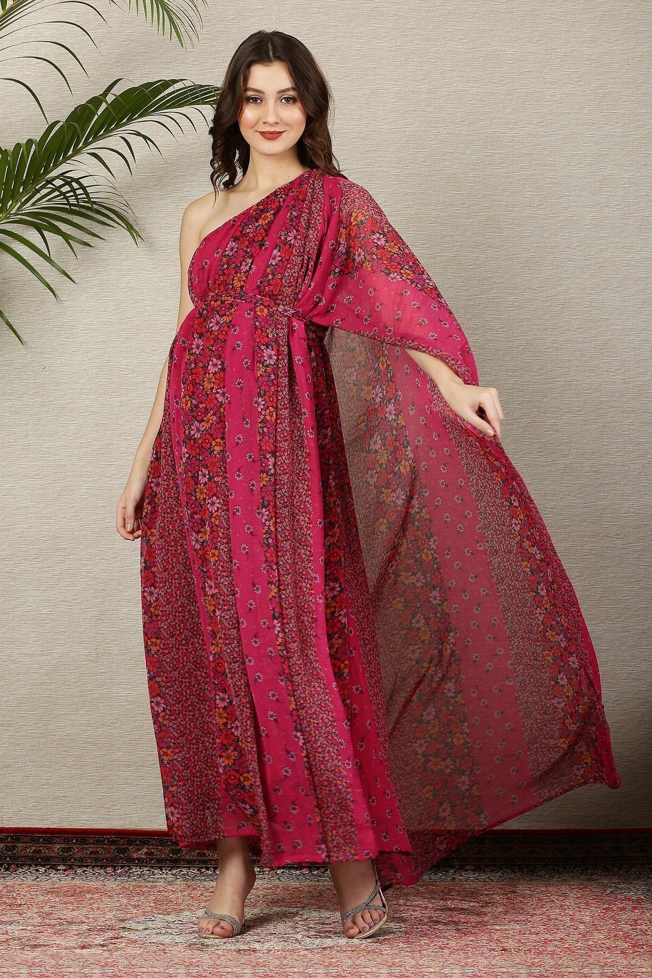 Luxe Fuchsia Blooming Bouquet One Shoulder Maternity & Nursing Gown - Chenance