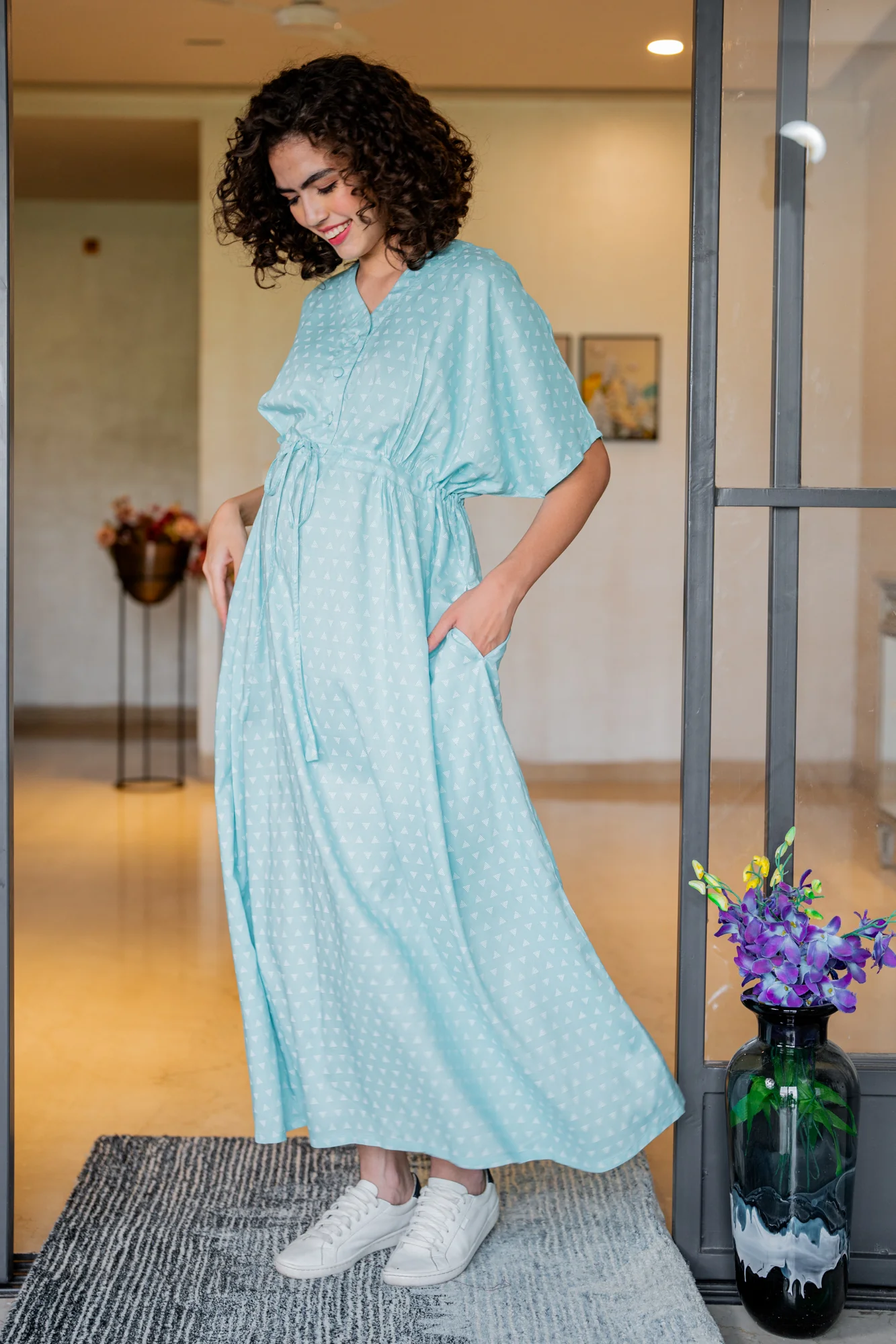 Triangle Pale Turquoise Maternity & Nursing Dress / Delivery Gown/ Night Dress - Chenance