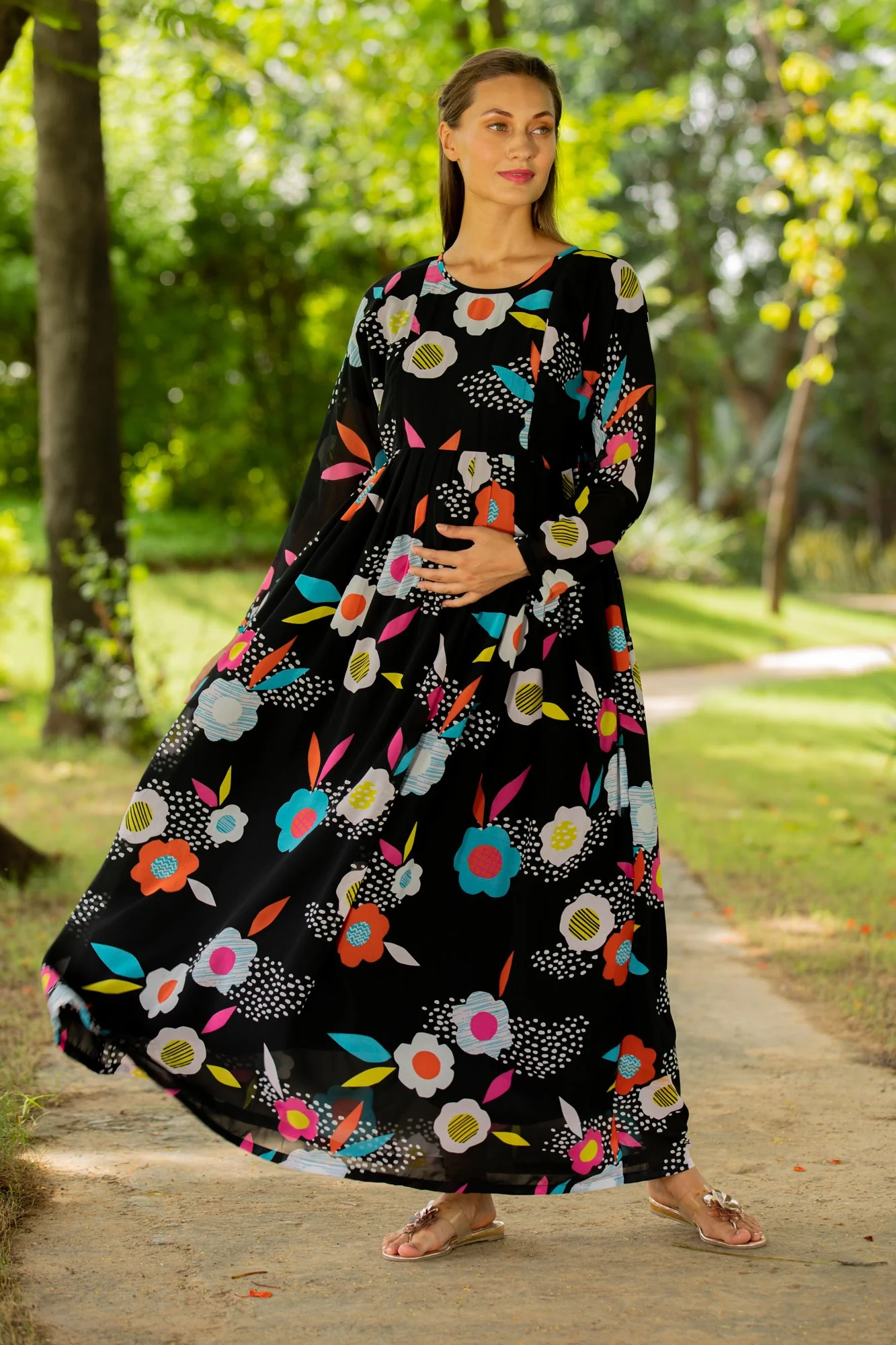 Vivacious Flowerbomb Concealed Zip Maternity & Nursing Maxi - Chenance