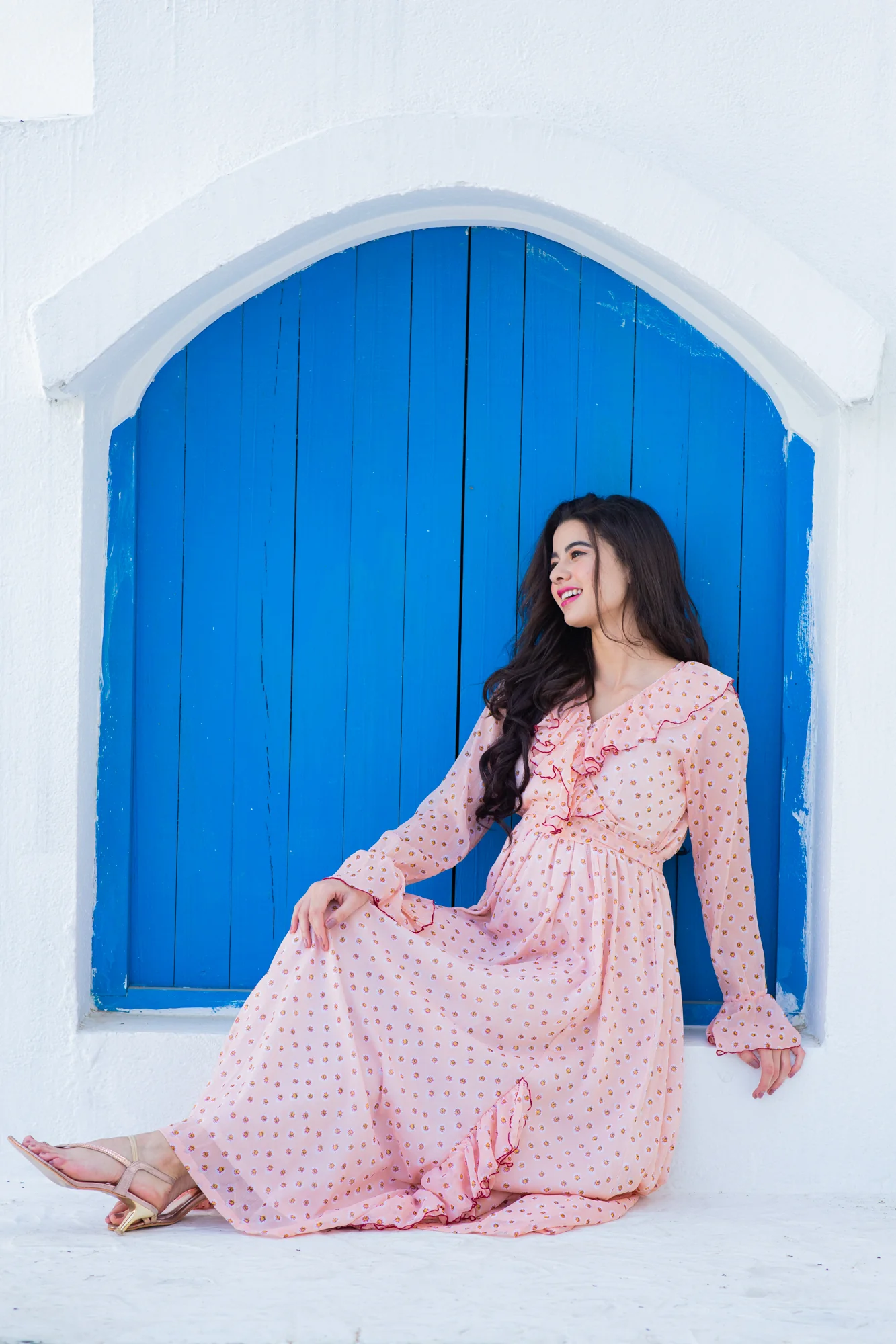 Miami Peach Dotted Maternity Frill Dress - Chenance